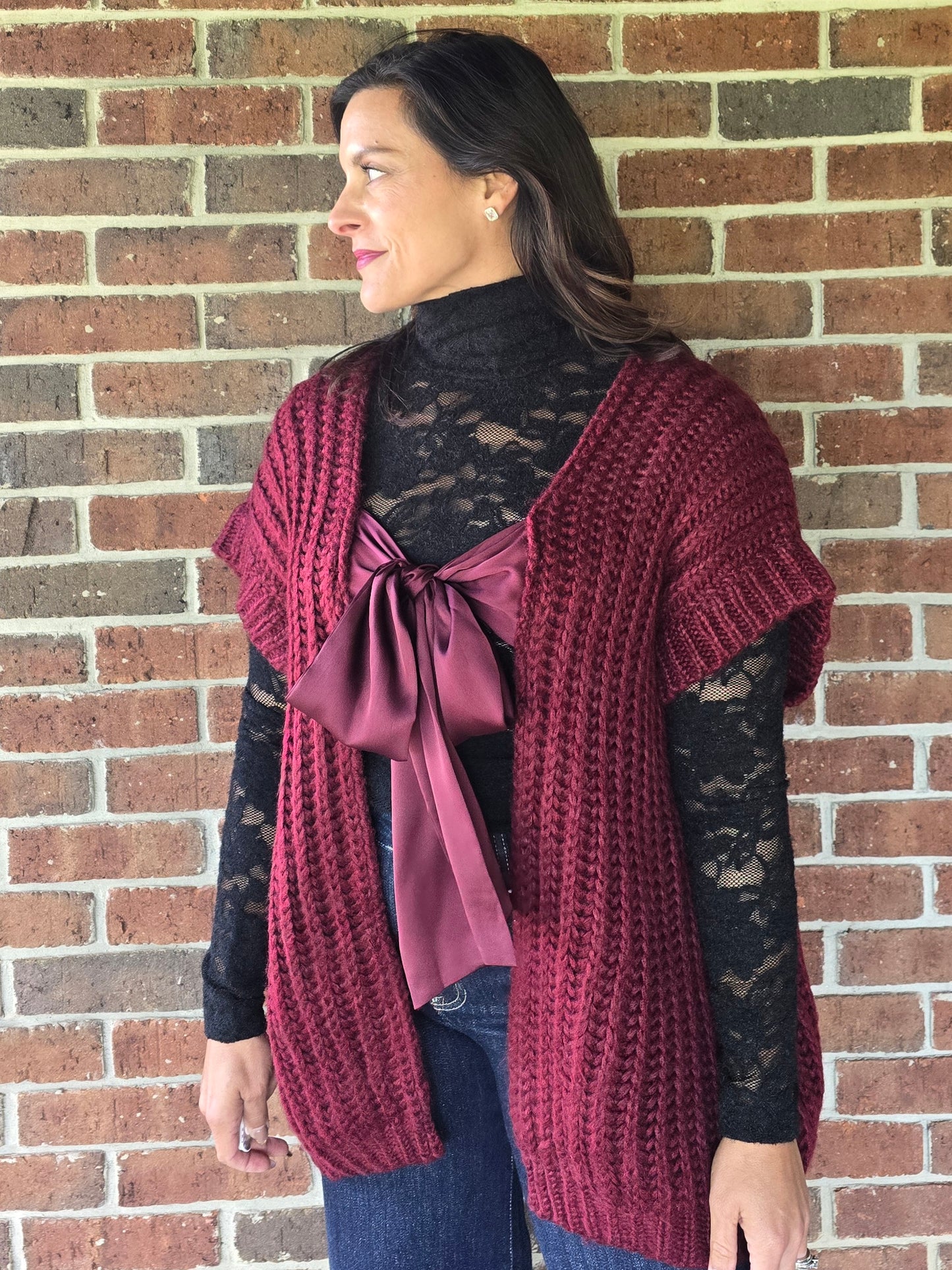 Wine Satin Bow Knit Cardigan