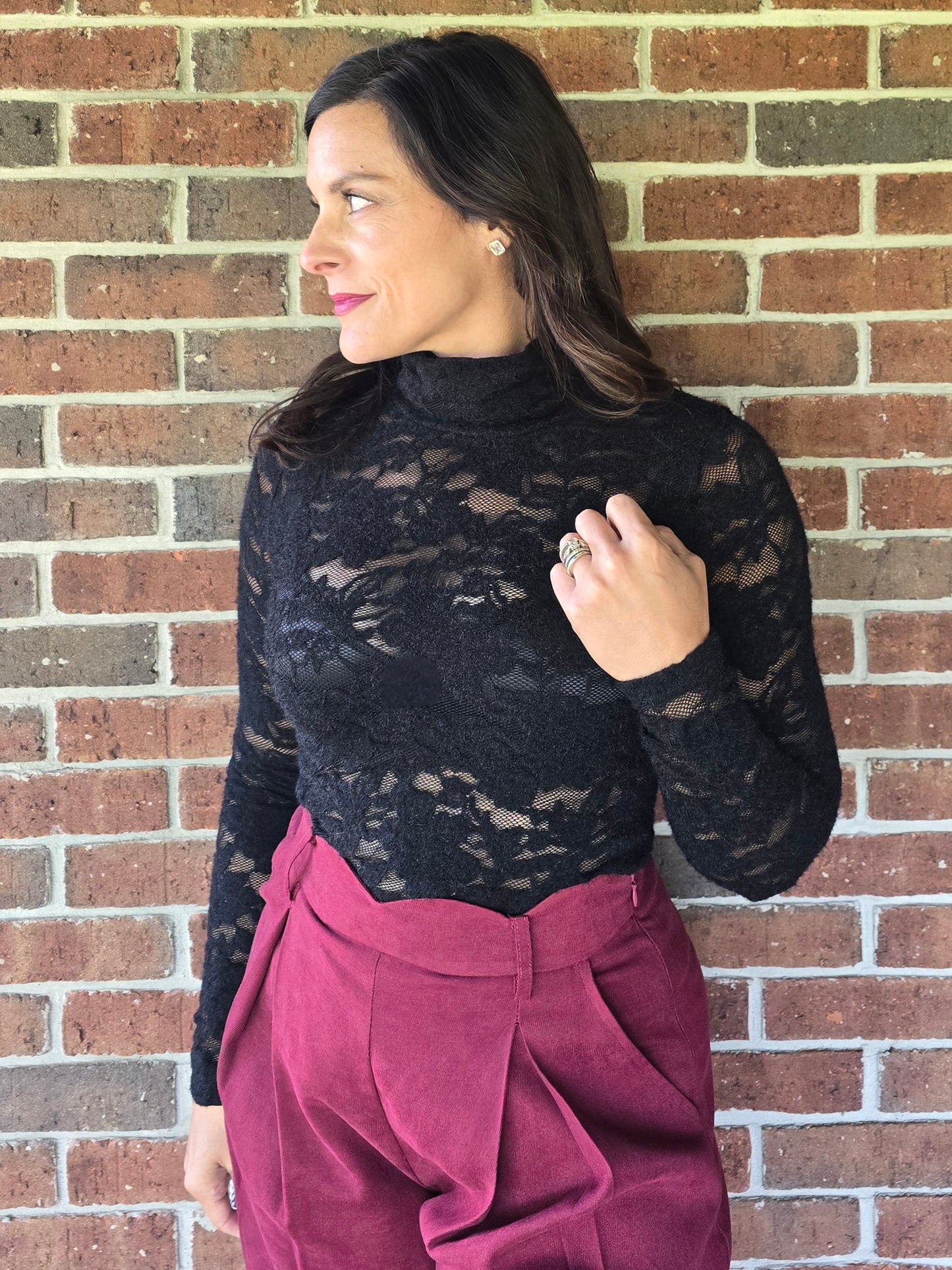 Black Lace Turtleneck Statement Top