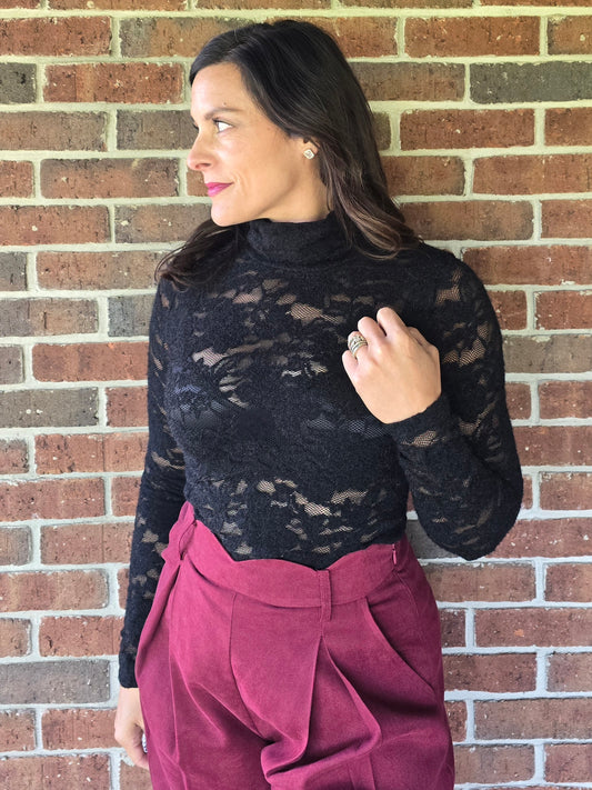 Black Lace Turtleneck Statement Top