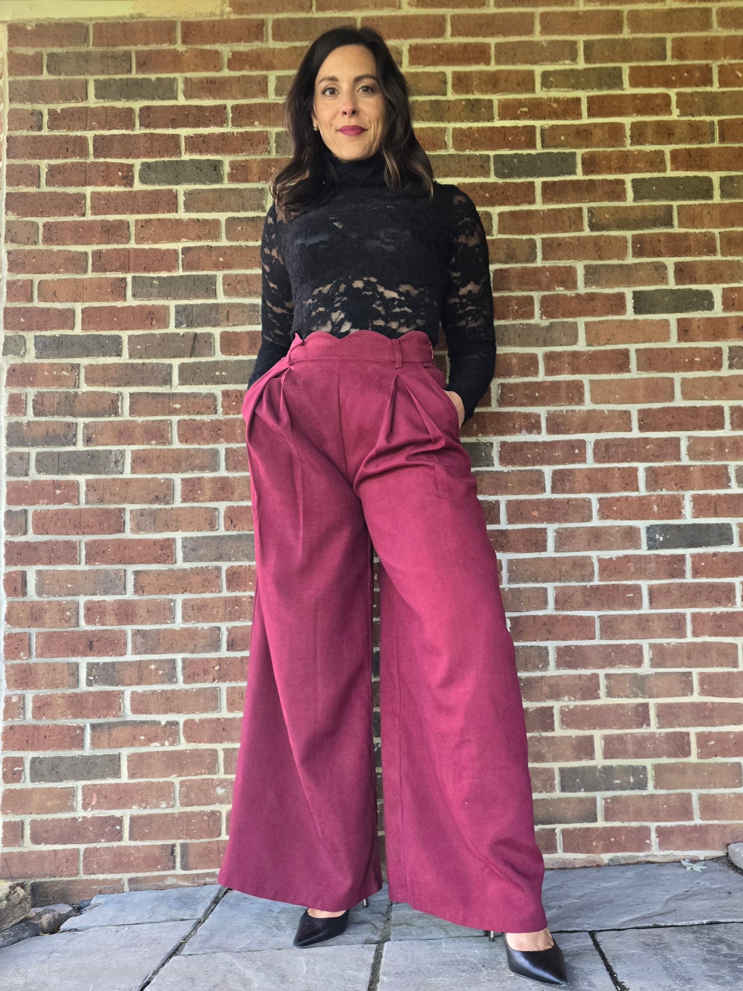 Scalloped Wide Leg Pleated Trouser