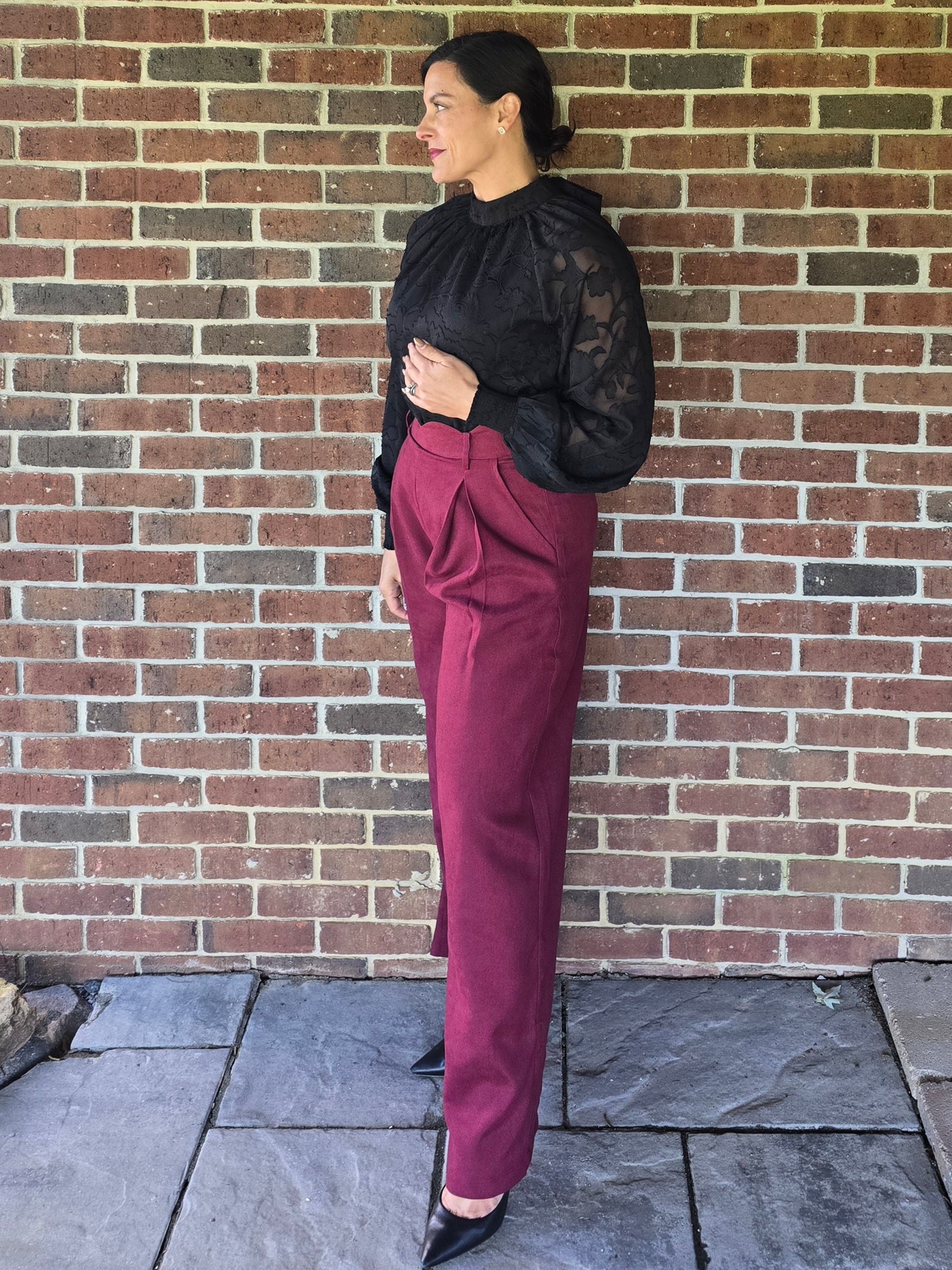 Black Floral Burnout Blouse with Tie Back