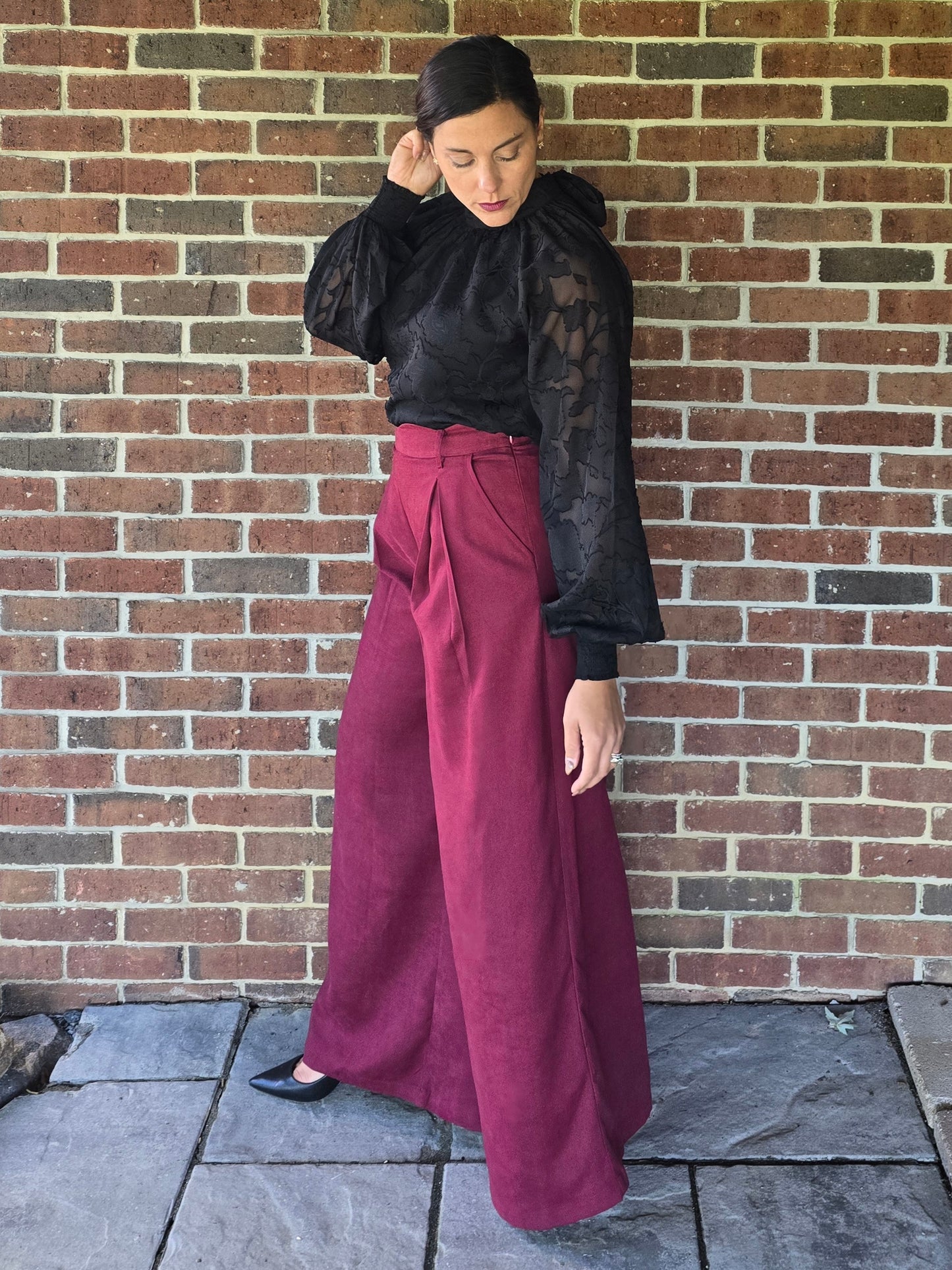 Black Floral Burnout Blouse with Tie Back