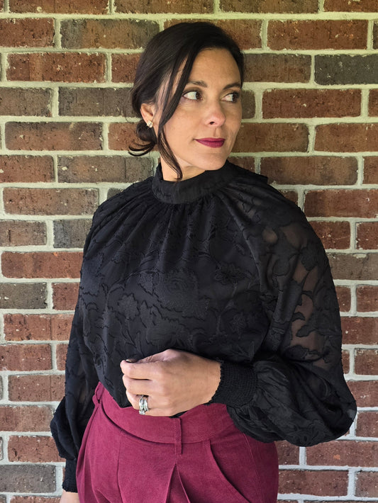 Black Floral Burnout Blouse with Tie Back