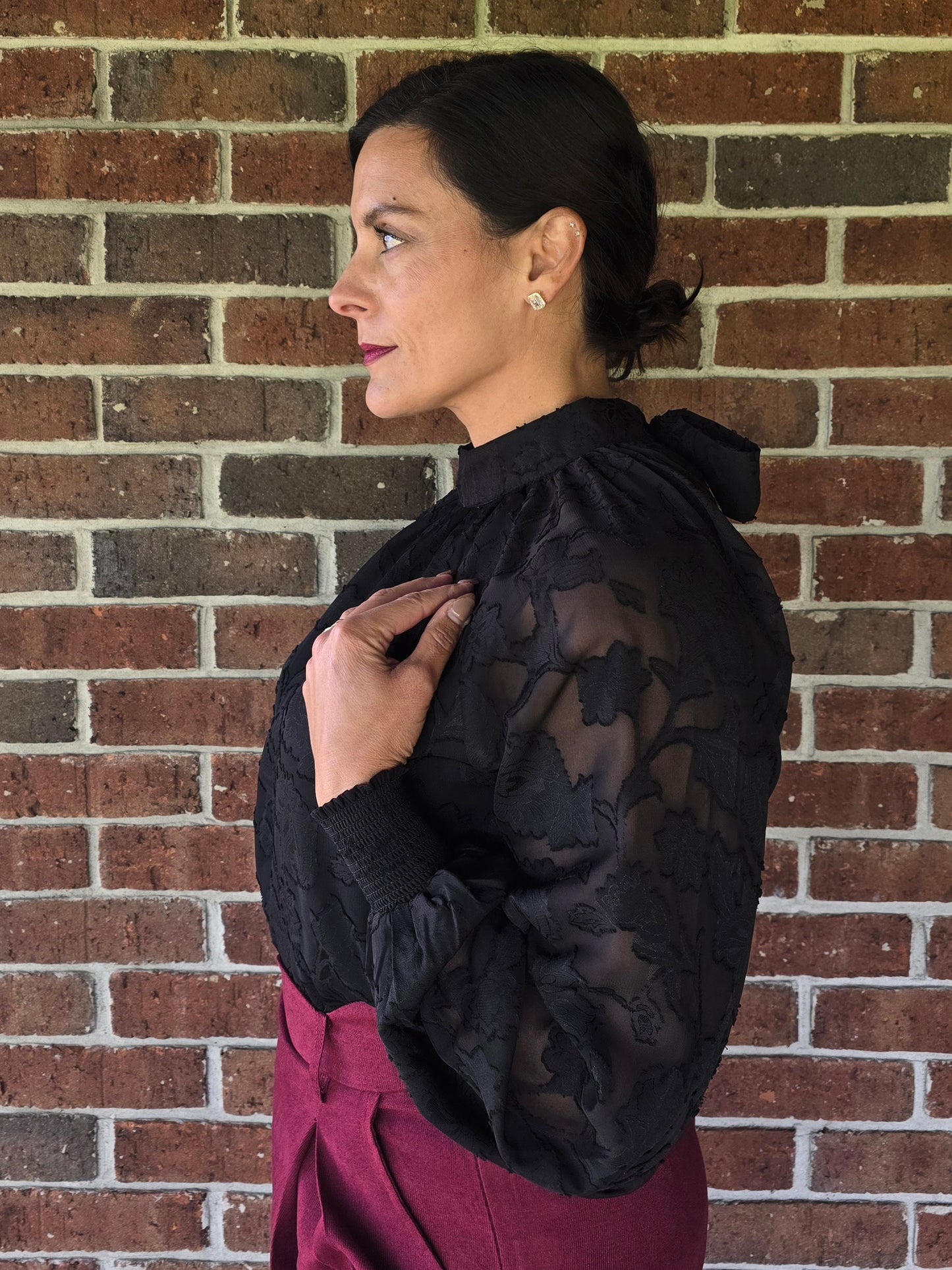 Black Floral Burnout Blouse with Tie Back