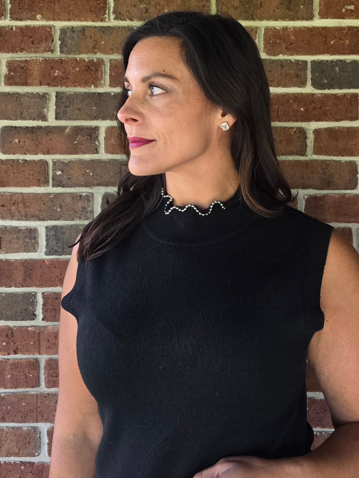 Sleeveless Mock Neck Sweater Dress with Mini Silver Pearl Detail