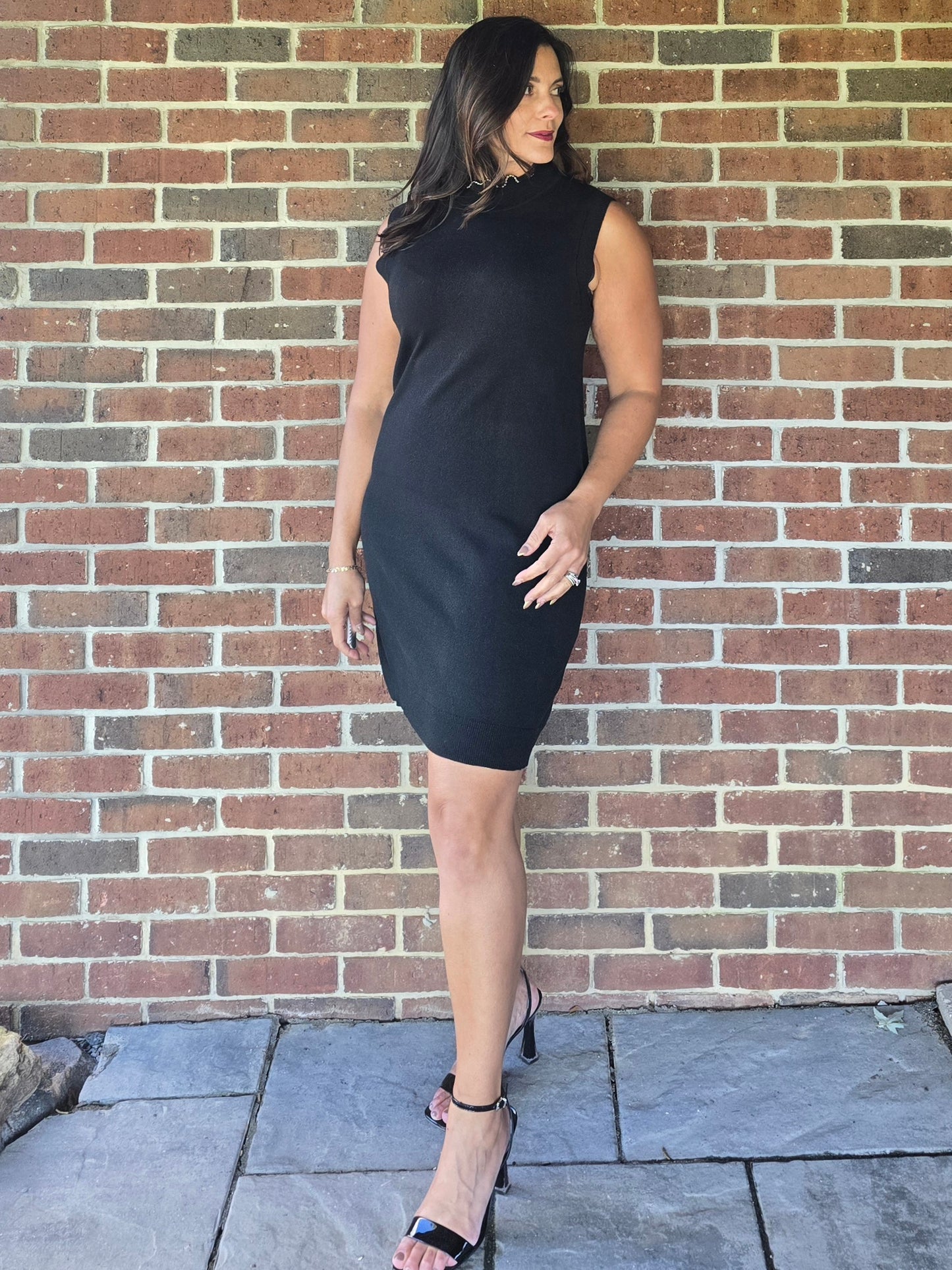 Sleeveless Mock Neck Sweater Dress with Mini Silver Pearl Detail