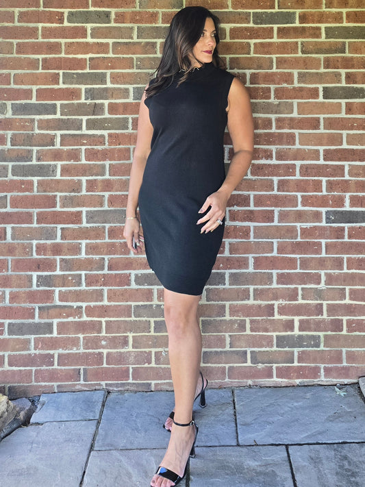 Sleeveless Mock Neck Sweater Dress with Mini Silver Pearl Detail