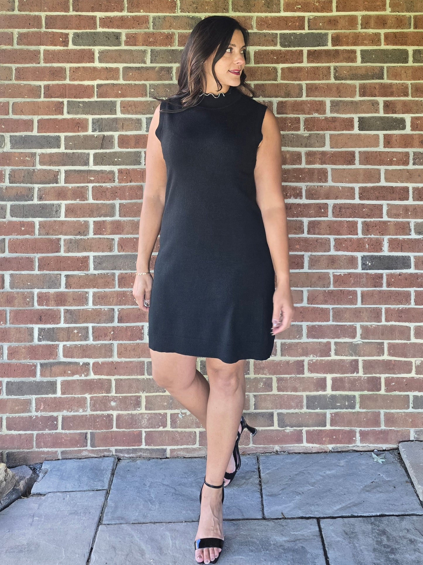 Sleeveless Mock Neck Sweater Dress with Mini Silver Pearl Detail