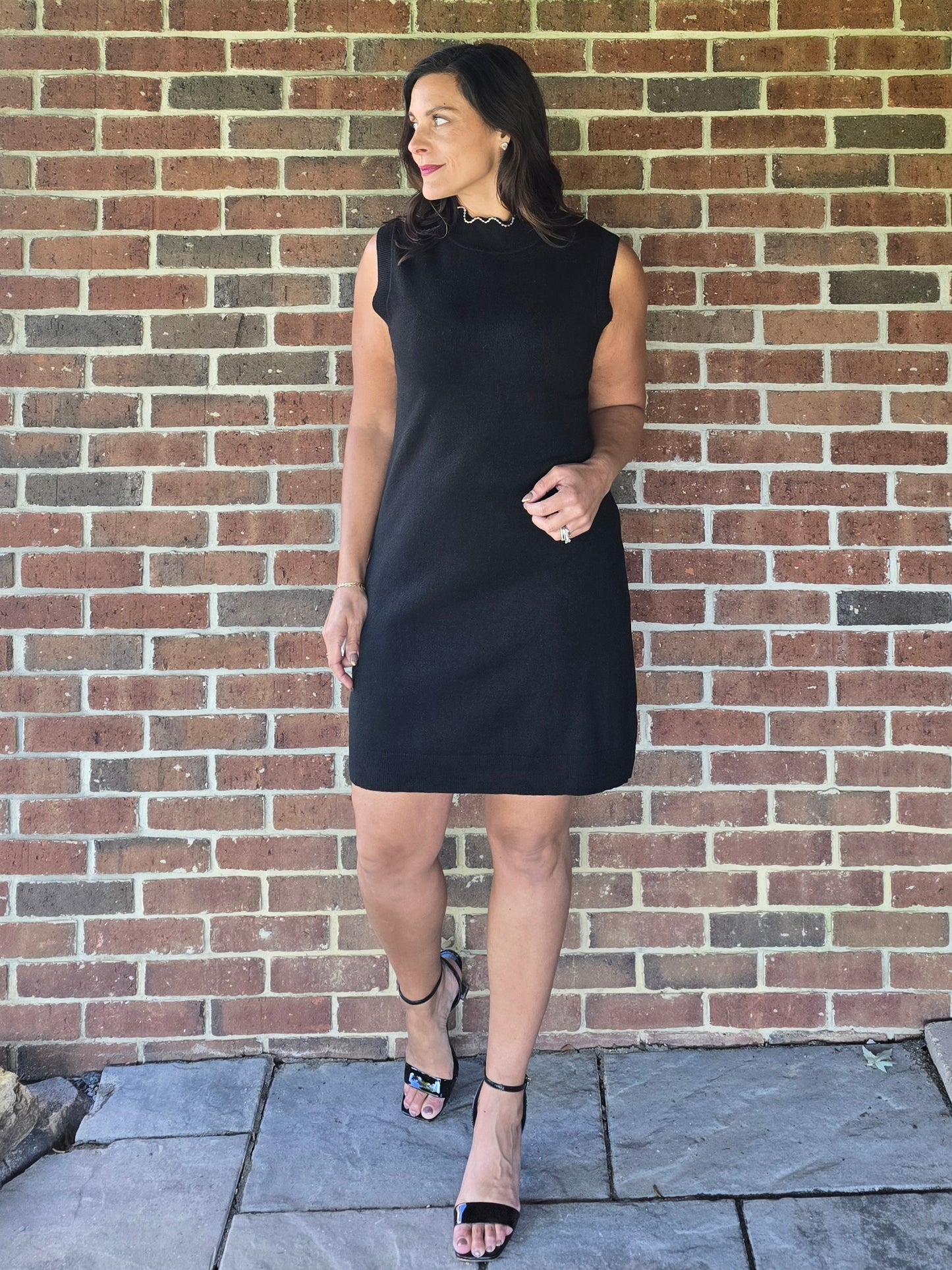 Sleeveless Mock Neck Sweater Dress with Mini Silver Pearl Detail