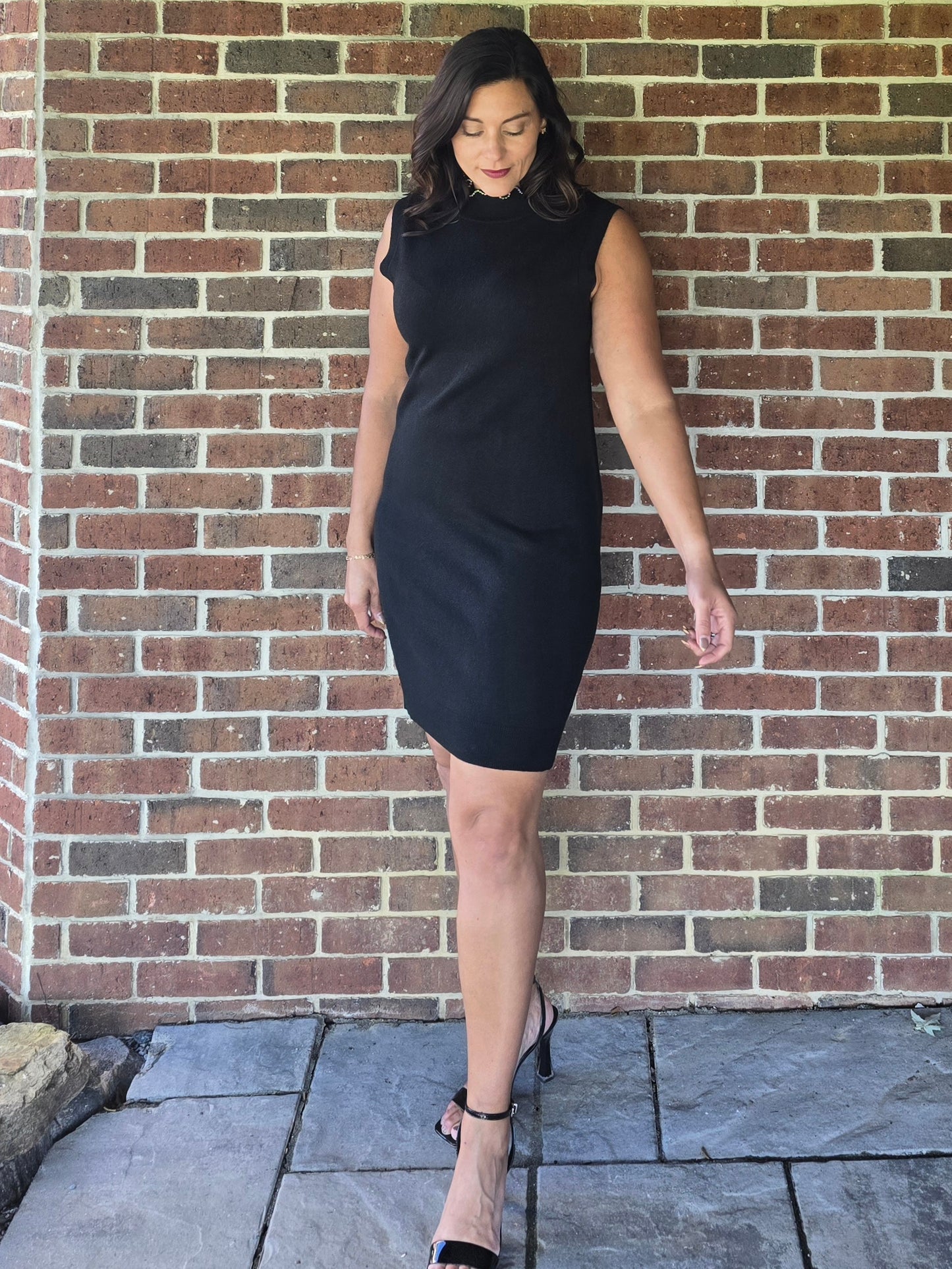 Sleeveless Mock Neck Sweater Dress with Mini Silver Pearl Detail