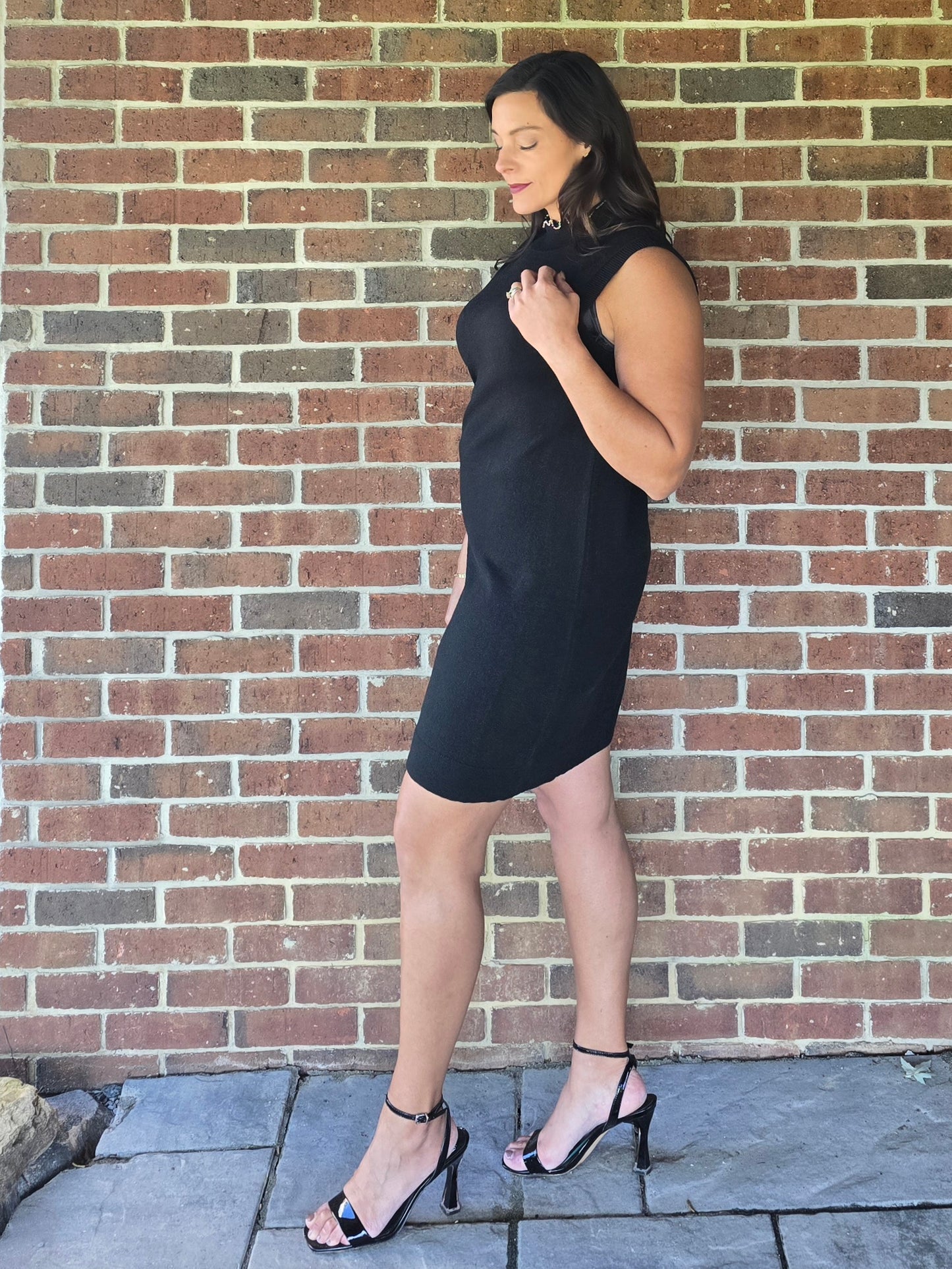 Sleeveless Mock Neck Sweater Dress with Mini Silver Pearl Detail