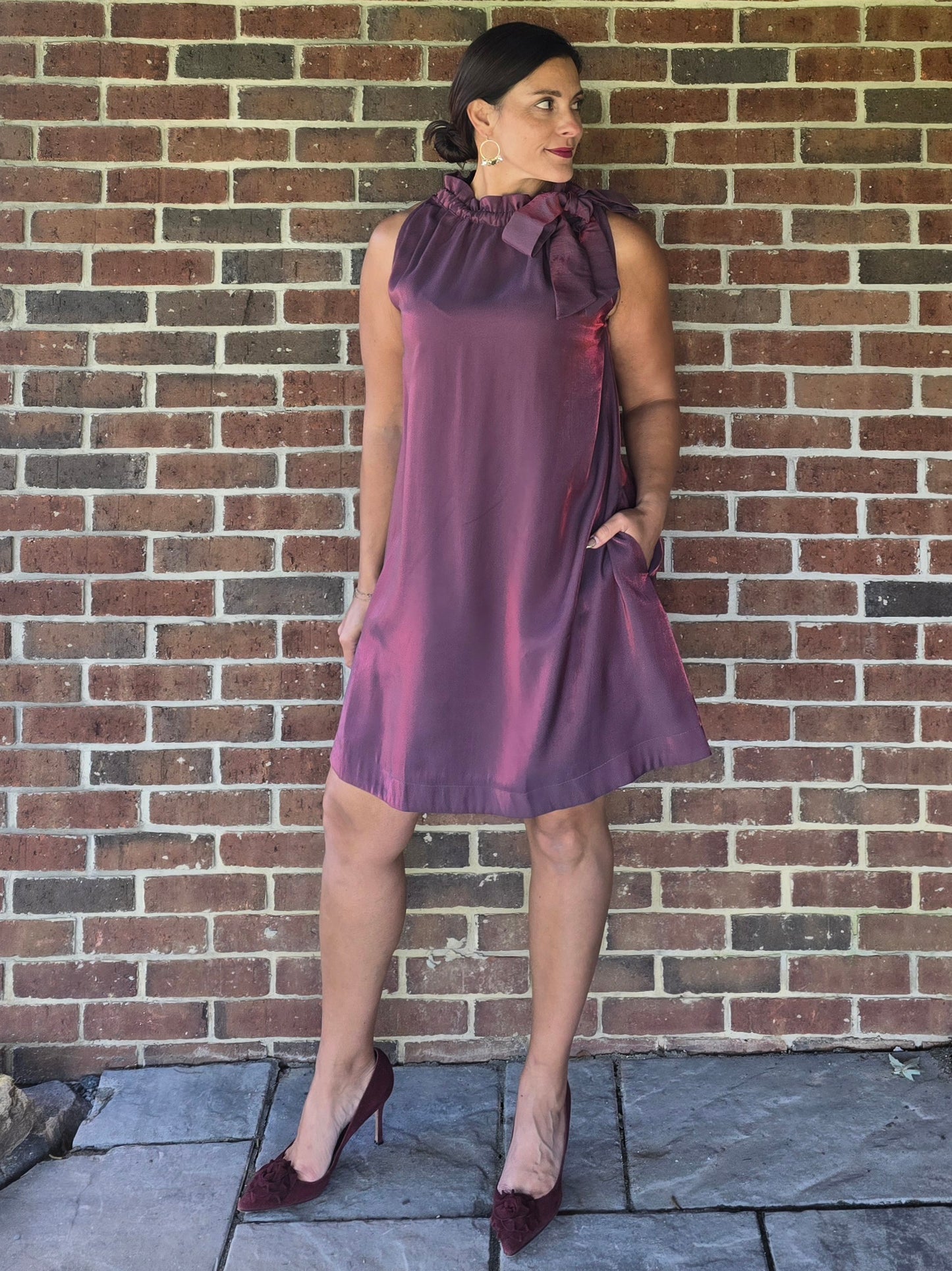 Wine Ruffle Tie Neck Sleeveless Dress with Pockets