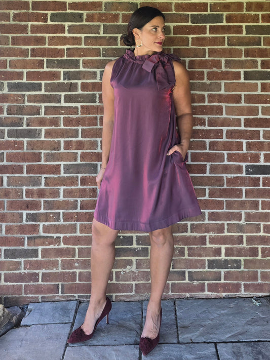 Wine Ruffle Tie Neck Sleeveless Dress with Pockets