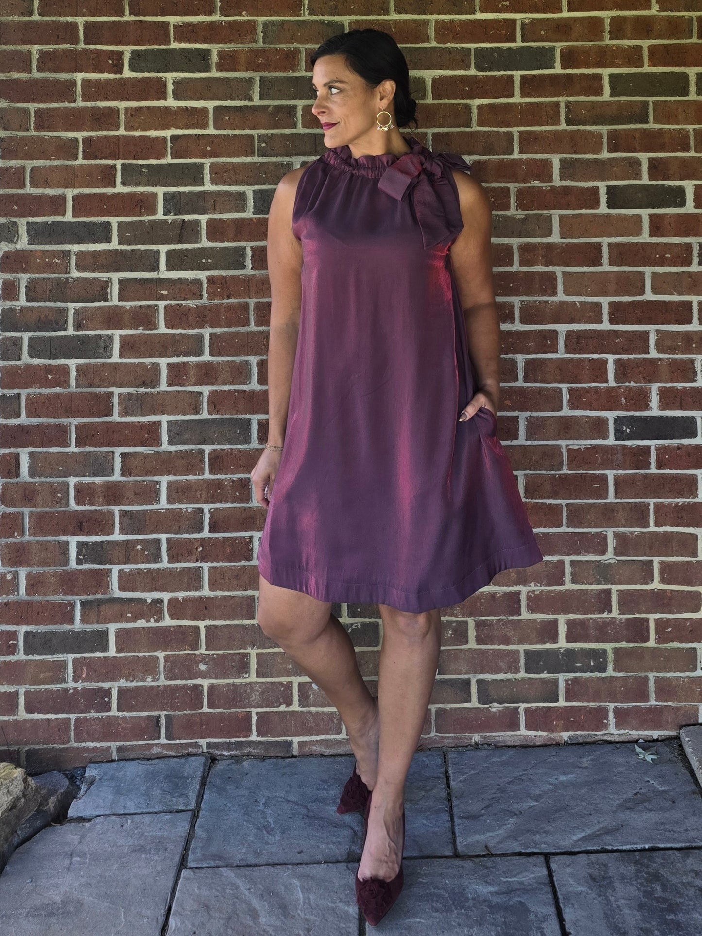 Wine Ruffle Tie Neck Sleeveless Dress with Pockets