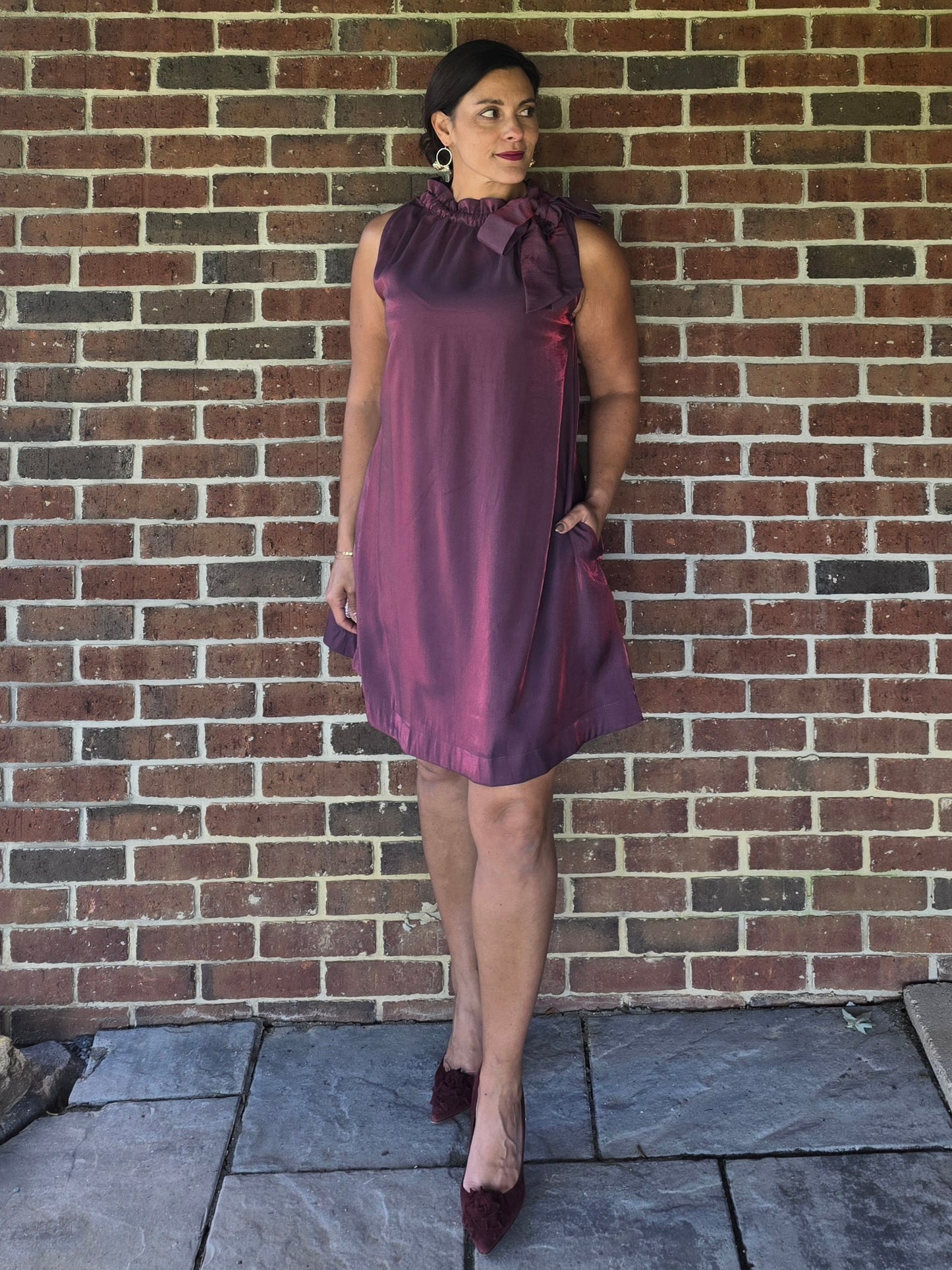 Wine Ruffle Tie Neck Sleeveless Dress with Pockets