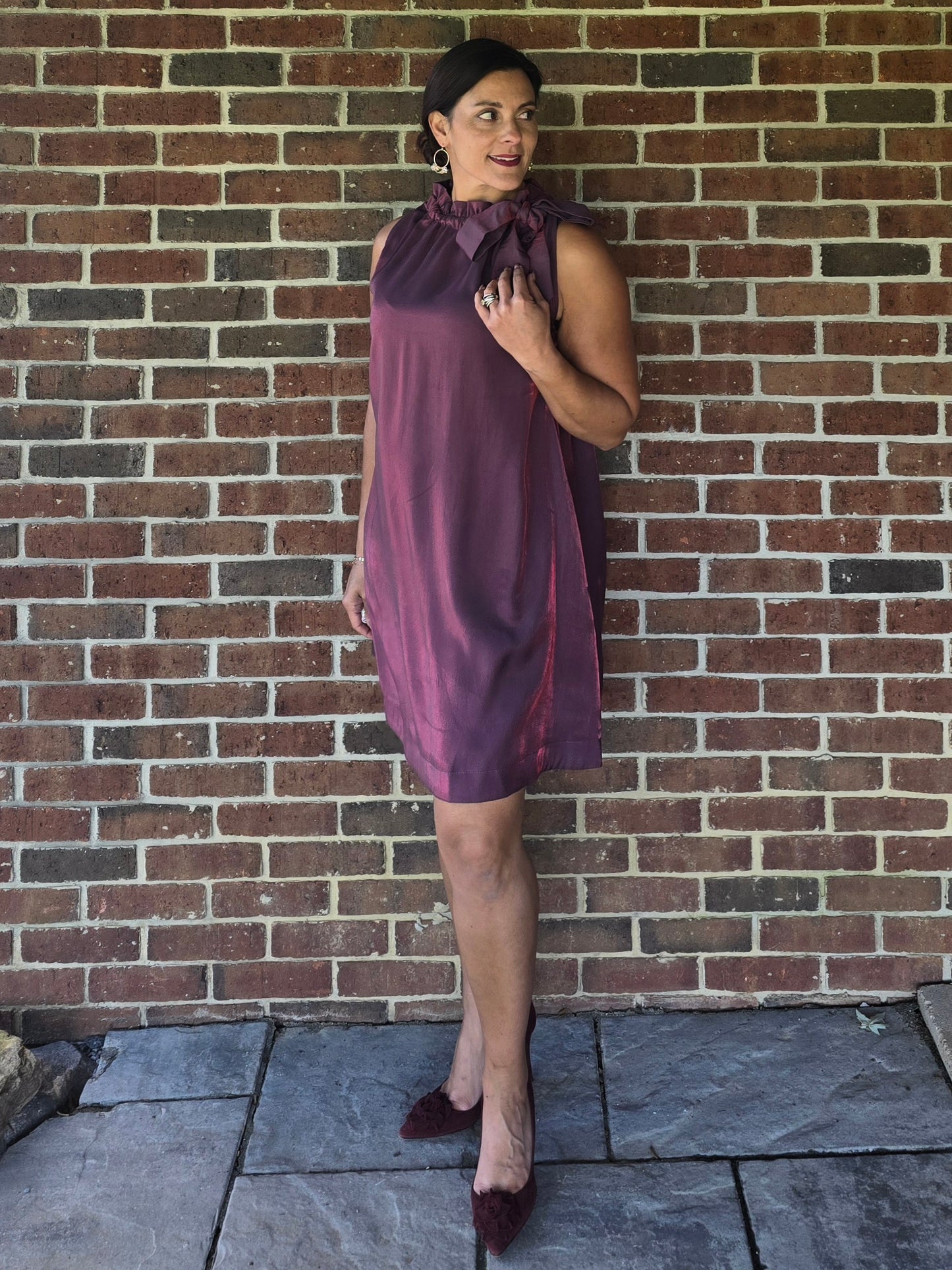Wine Ruffle Tie Neck Sleeveless Dress with Pockets