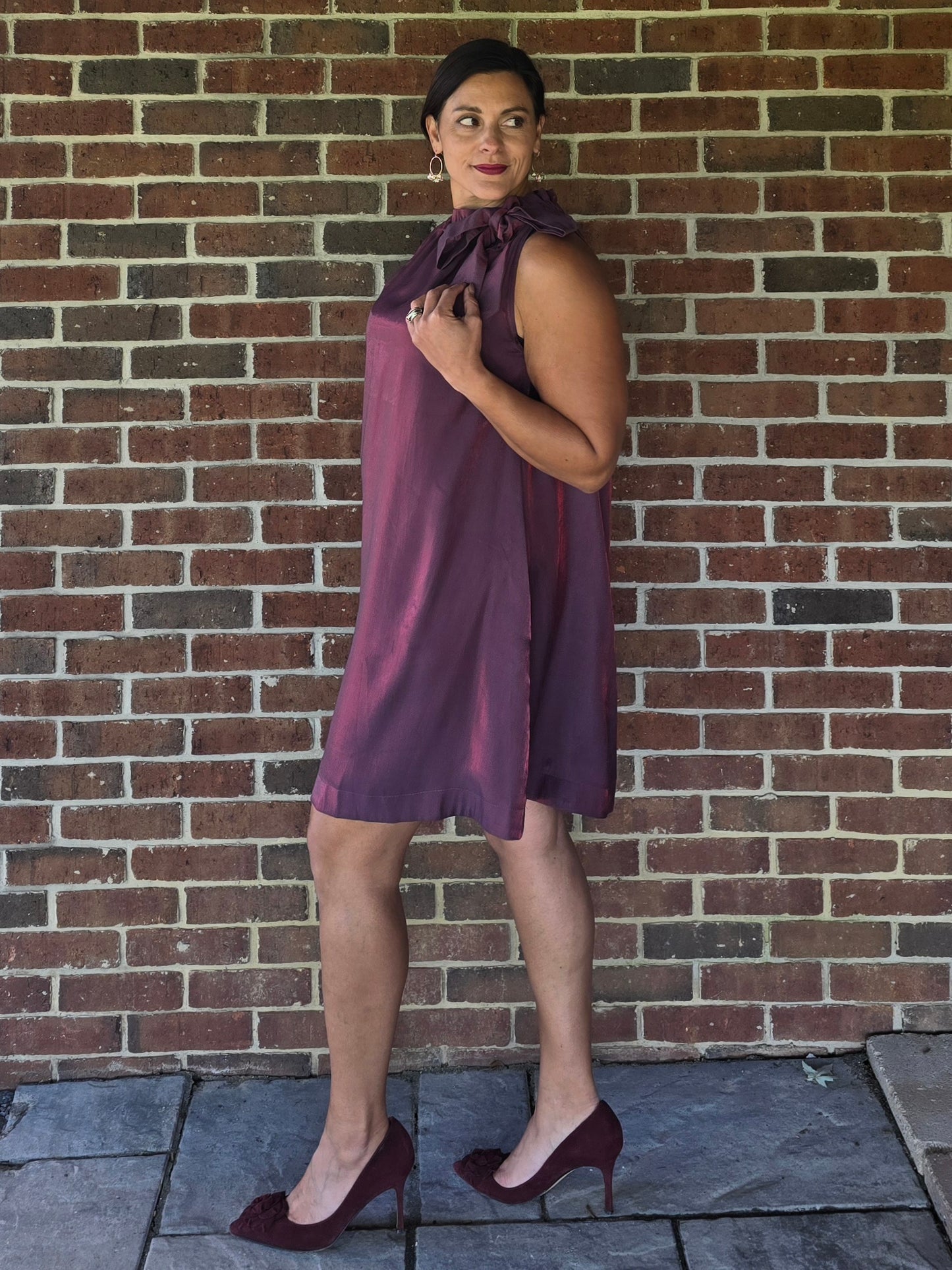 Wine Ruffle Tie Neck Sleeveless Dress with Pockets
