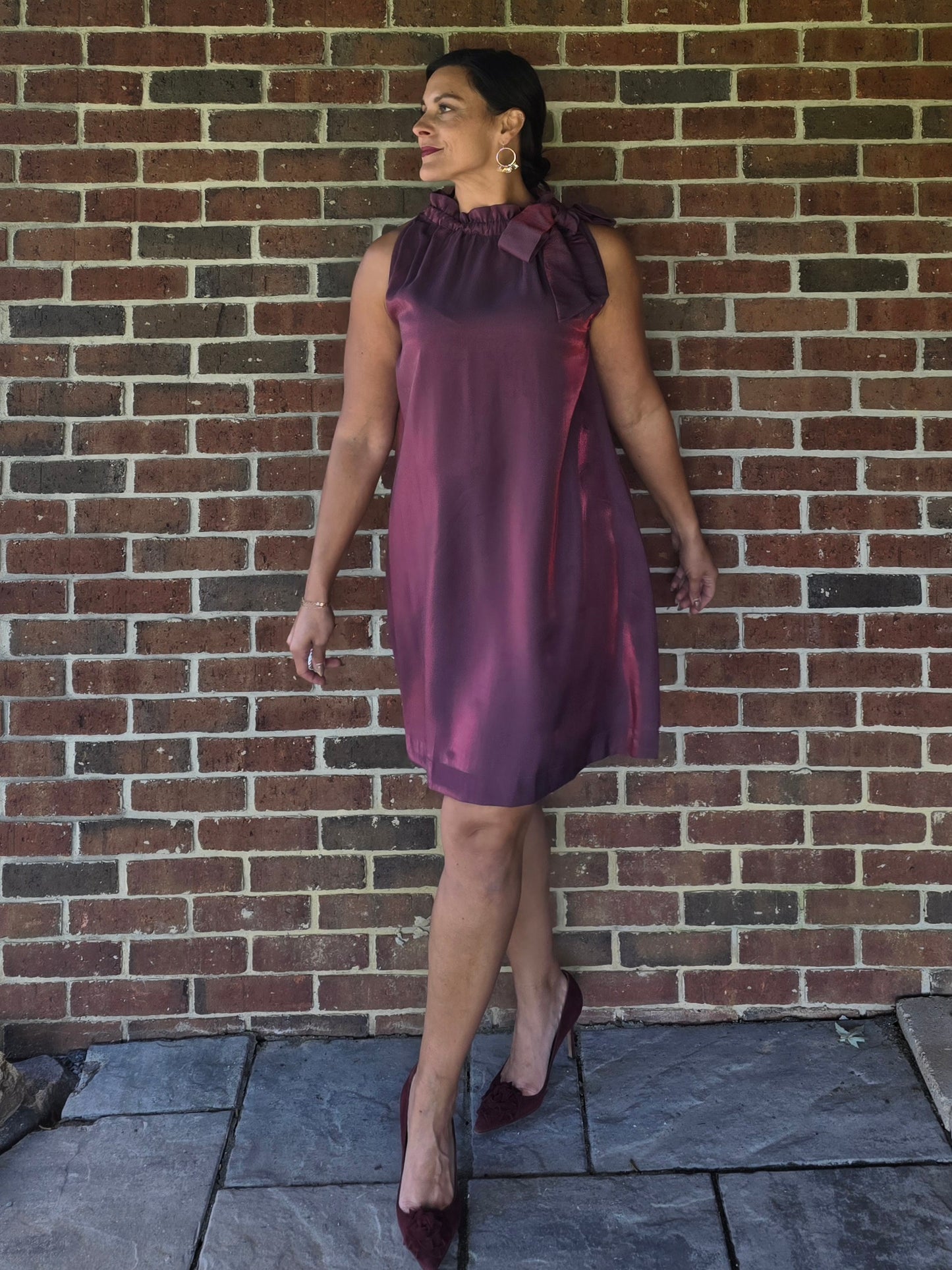 Wine Ruffle Tie Neck Sleeveless Dress with Pockets