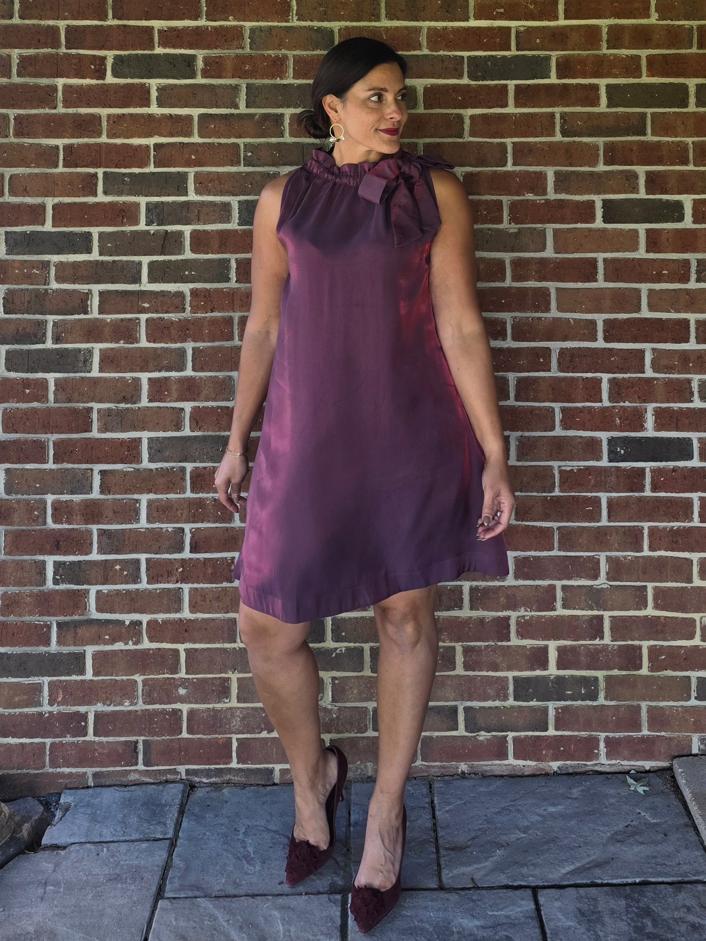 Wine Ruffle Tie Neck Sleeveless Dress with Pockets