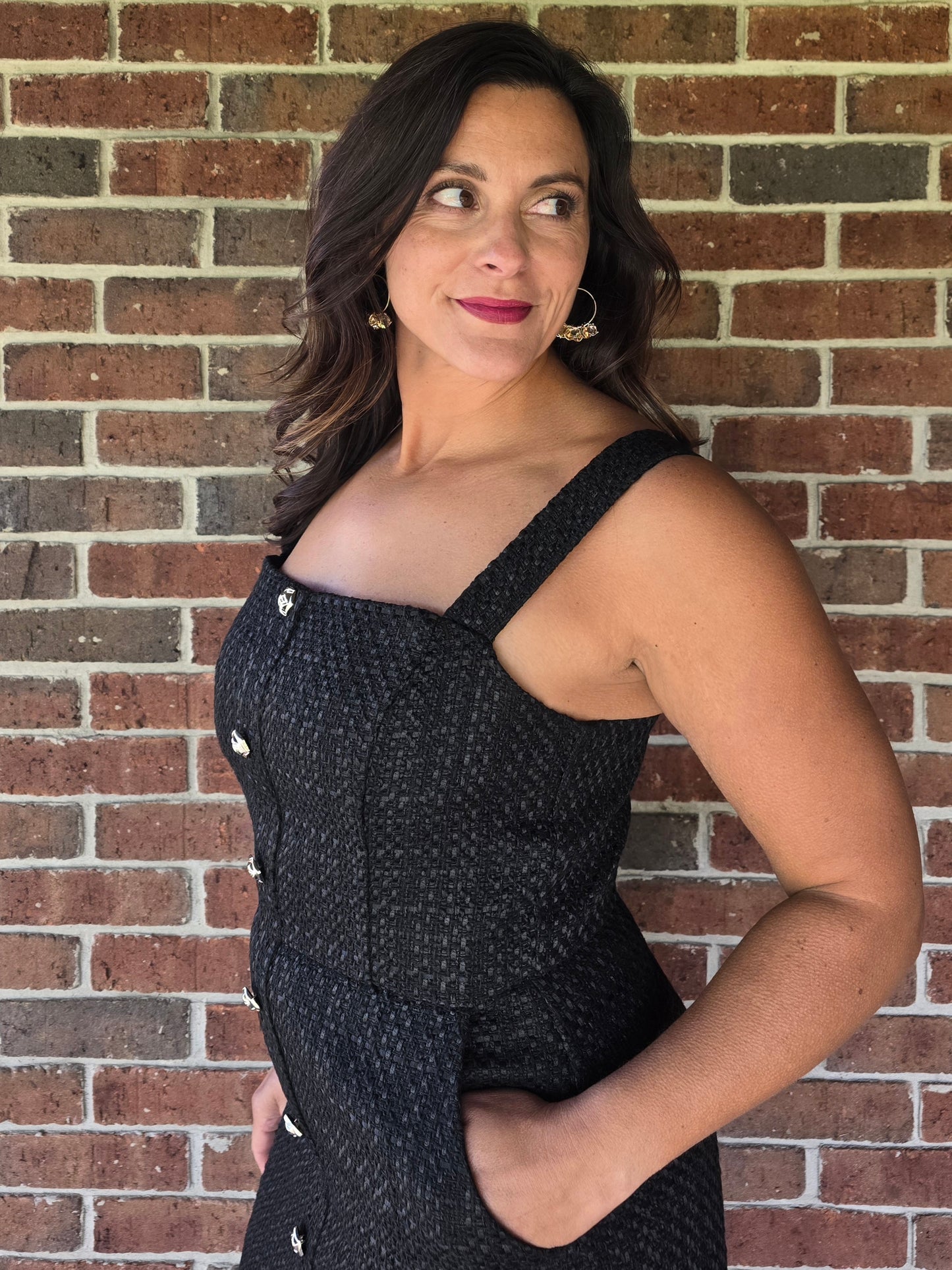 Button Front Tweed Midi Dress