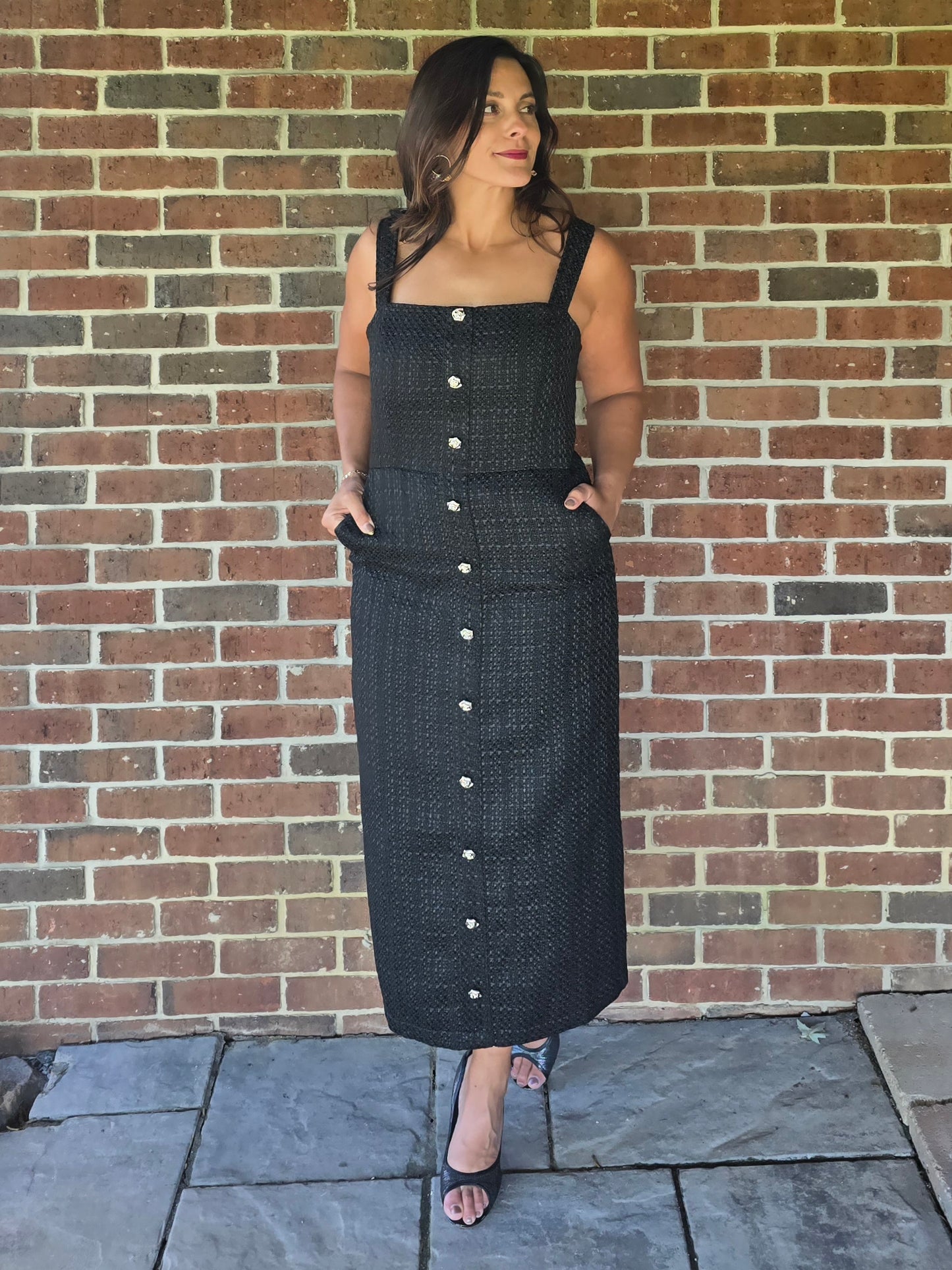 Button Front Tweed Midi Dress