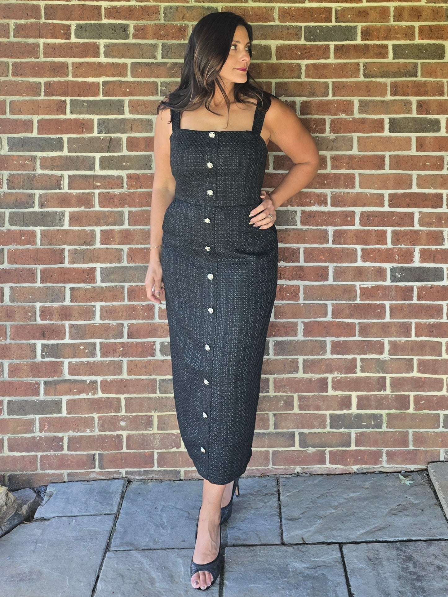 Button Front Tweed Midi Dress