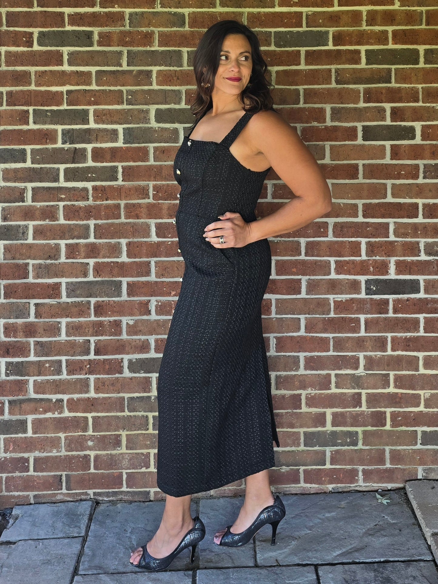 Button Front Tweed Midi Dress