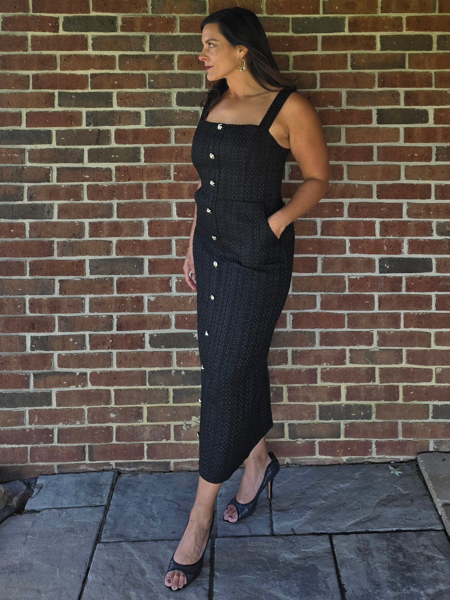 Button Front Tweed Midi Dress