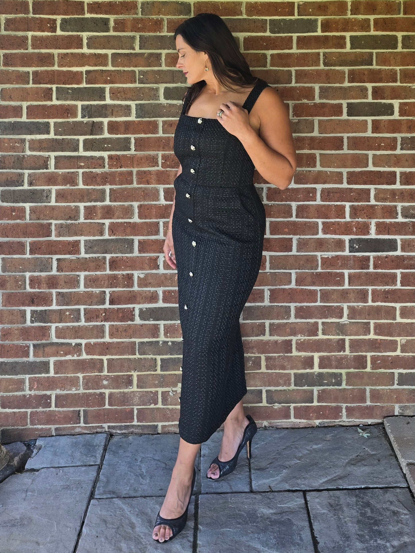 Button Front Tweed Midi Dress