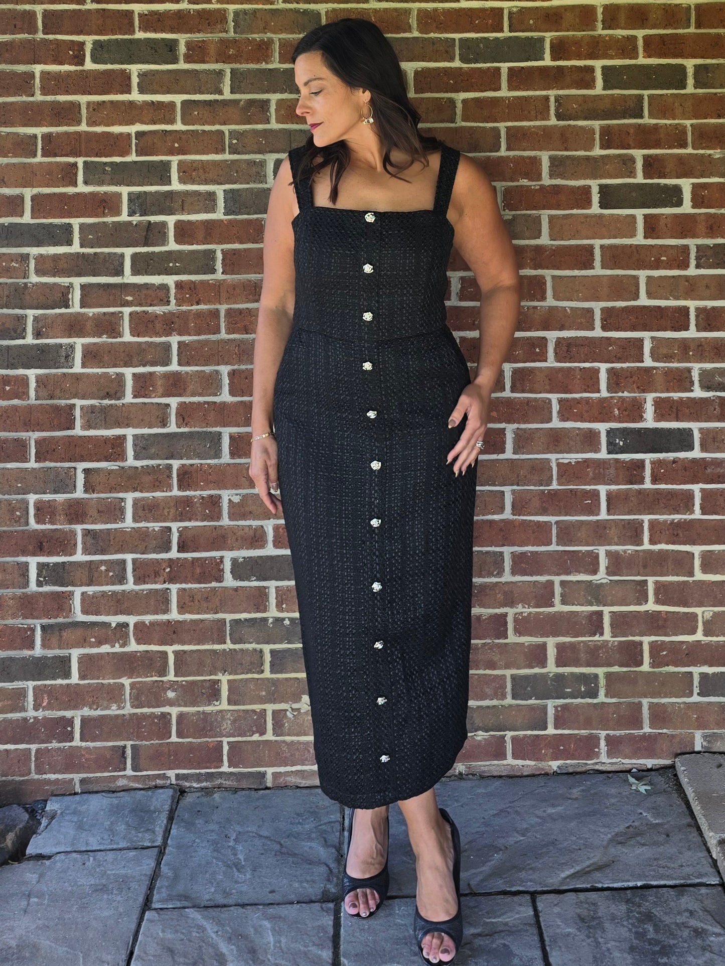 Button Front Tweed Midi Dress