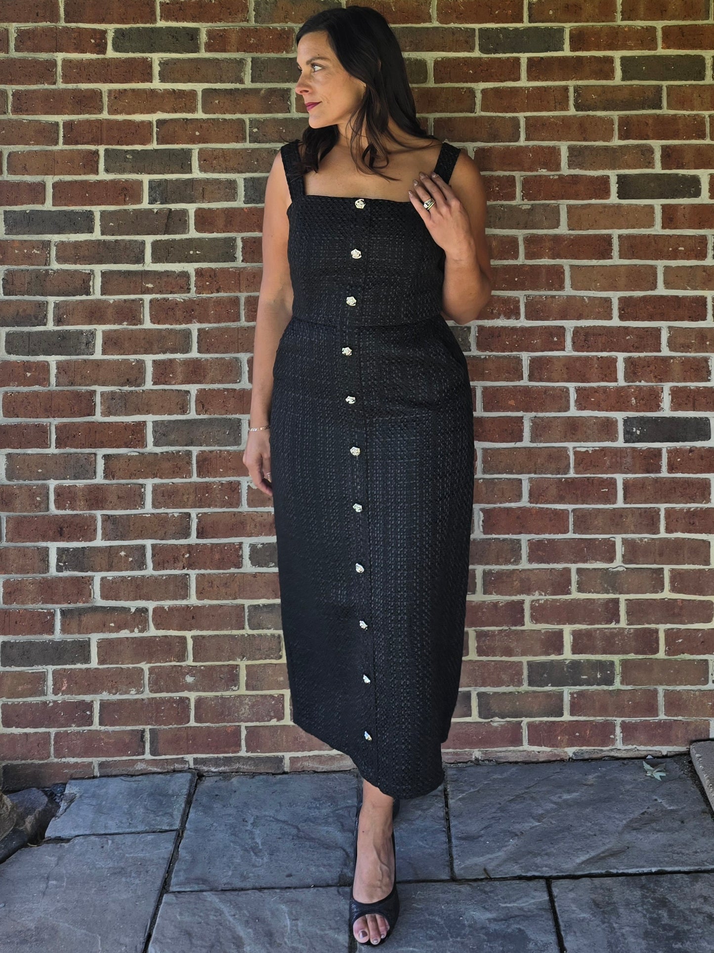 Button Front Tweed Midi Dress