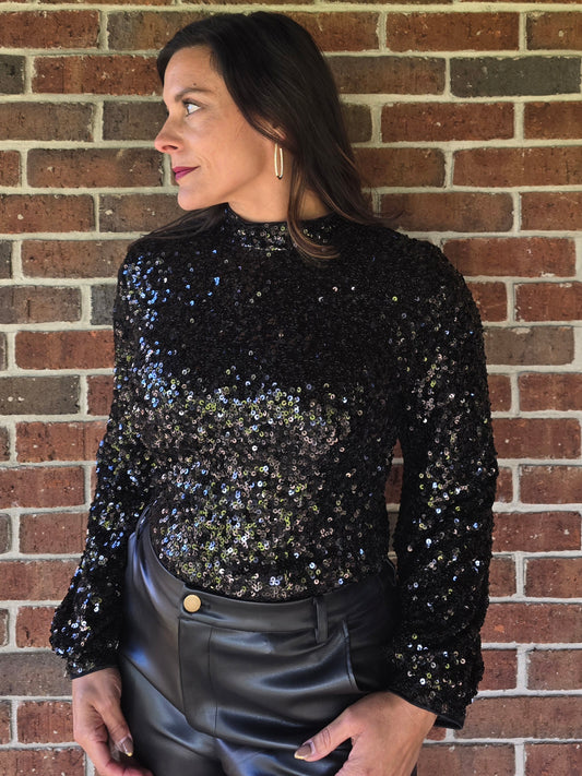 Black Sequin Mock Neck Blouse