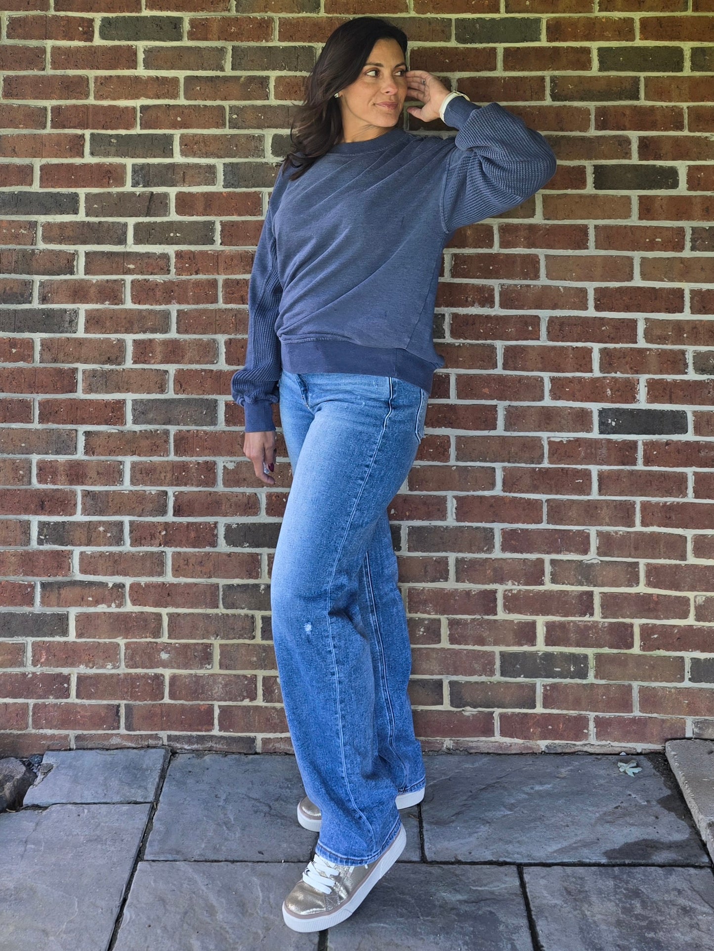 Washed Waffle Contrast Pullover