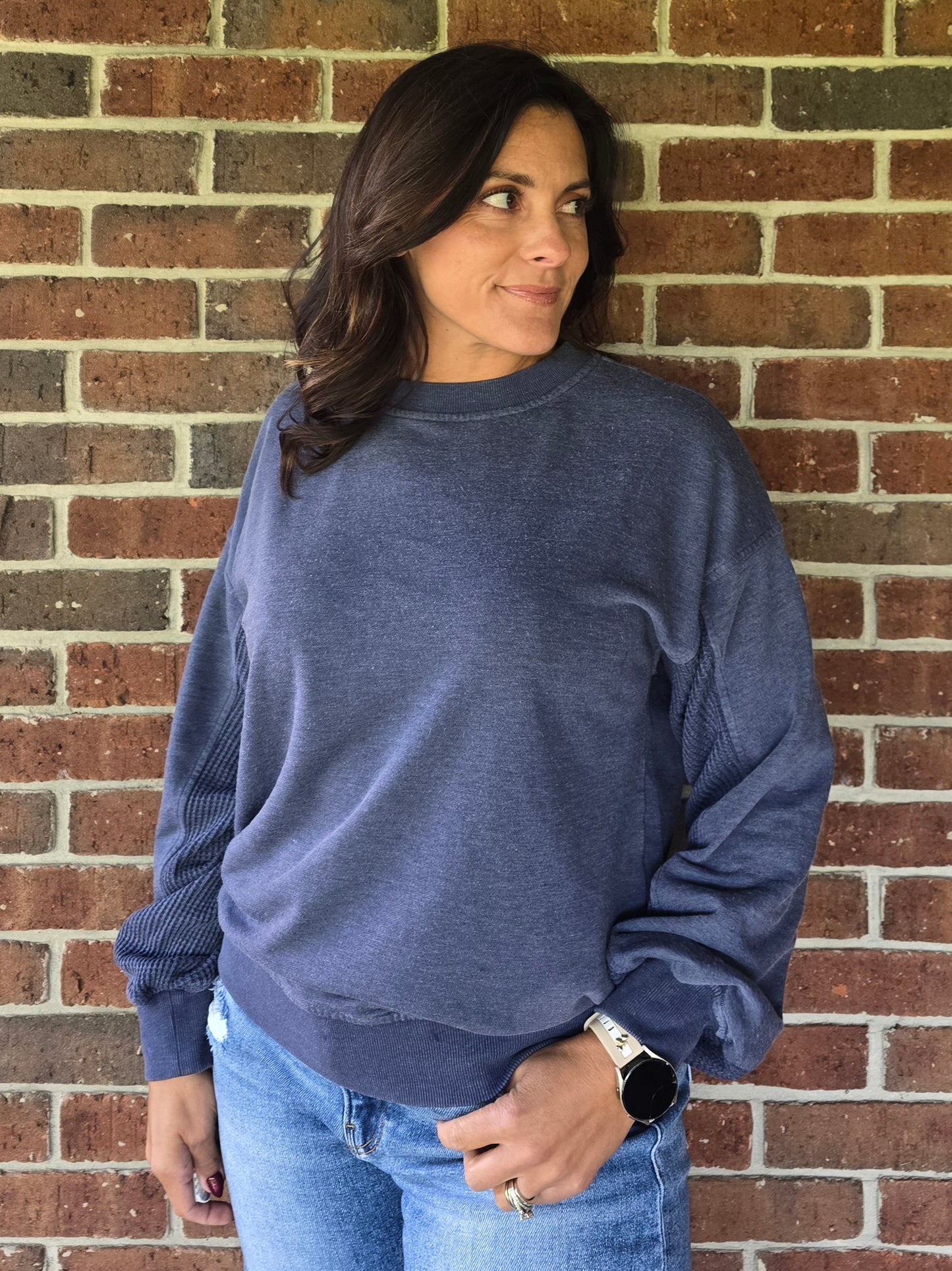 Washed Waffle Contrast Pullover