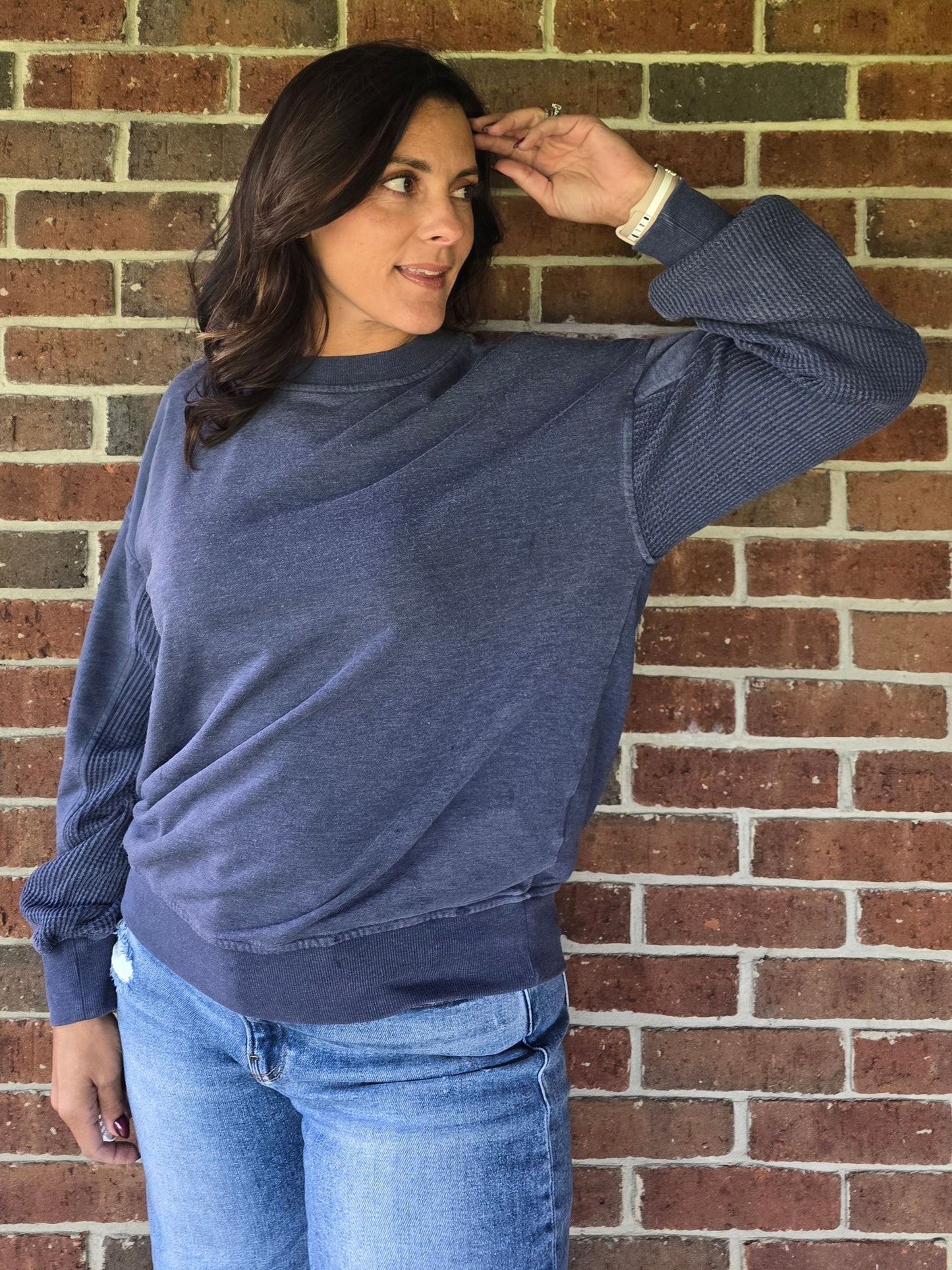 Washed Waffle Contrast Pullover