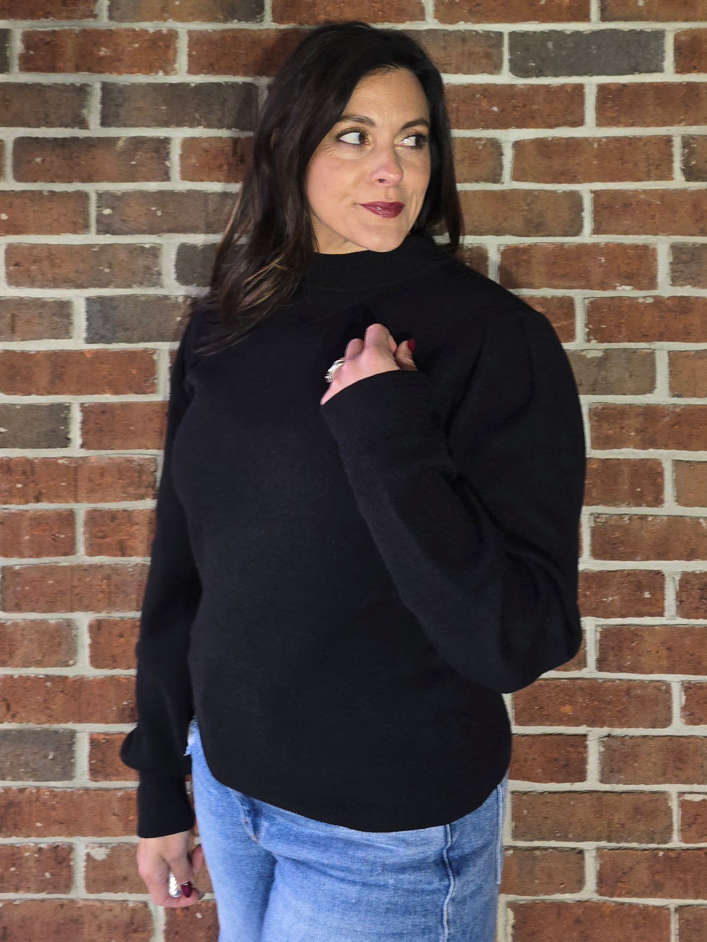 Zig Zag Ribbed Knit Mock Neck Pullover