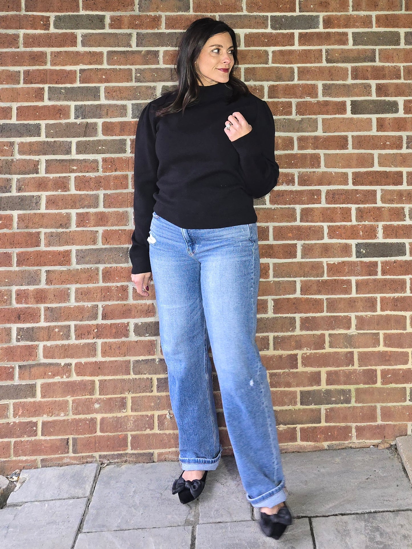 Zig Zag Ribbed Knit Mock Neck Pullover