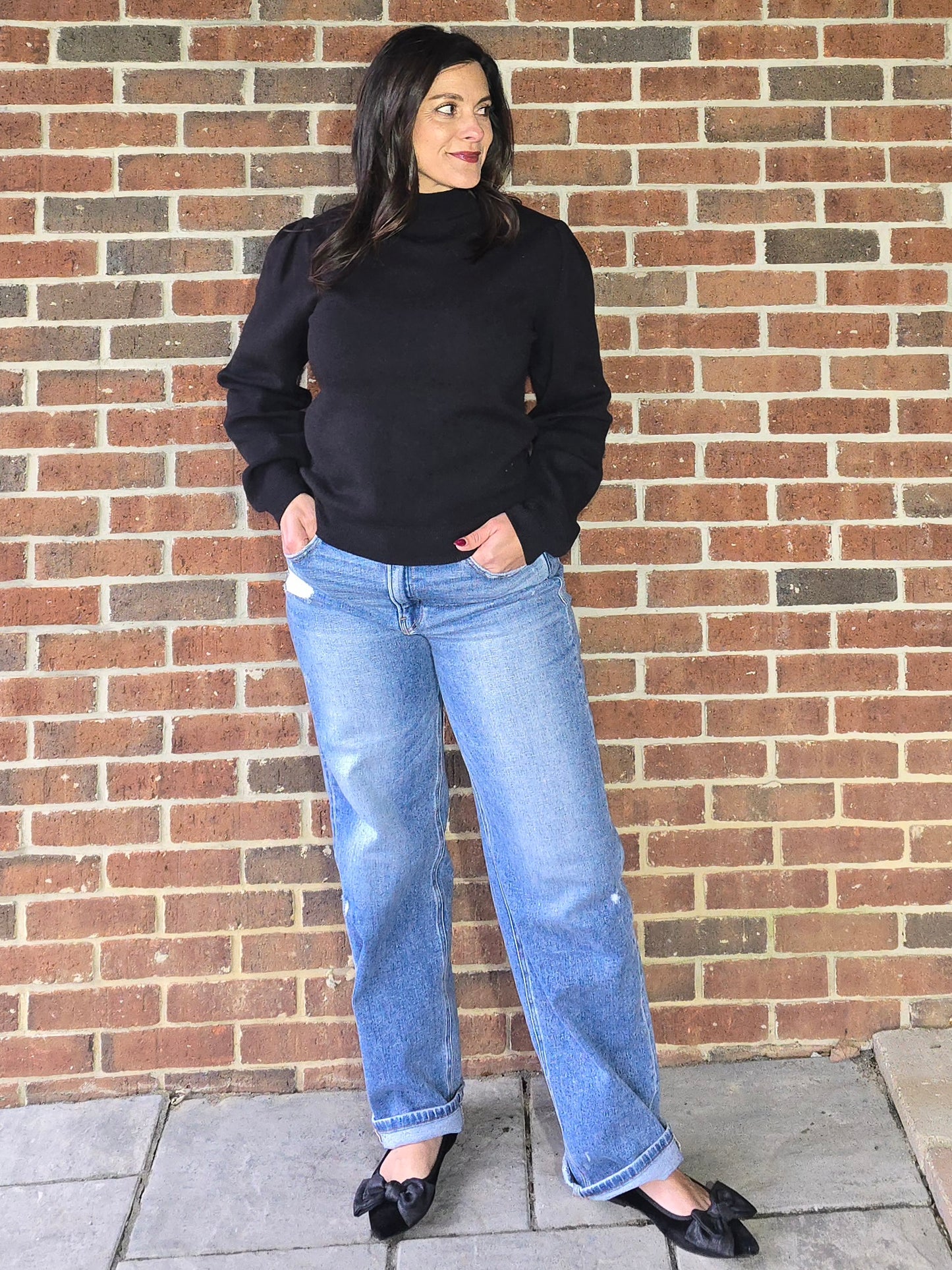 Zig Zag Ribbed Knit Mock Neck Pullover