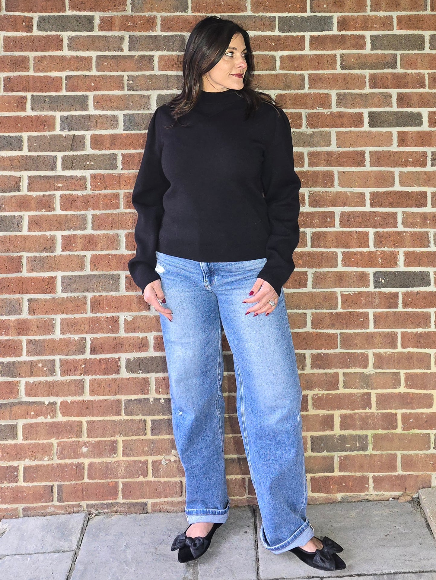 Zig Zag Ribbed Knit Mock Neck Pullover