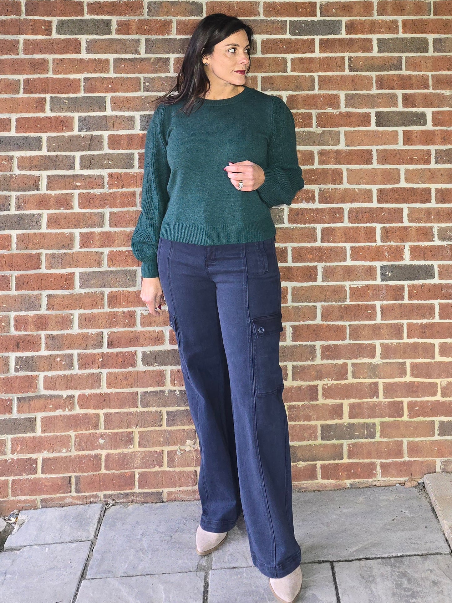 Deep Green Ribbed Puff Sleeve Sweater