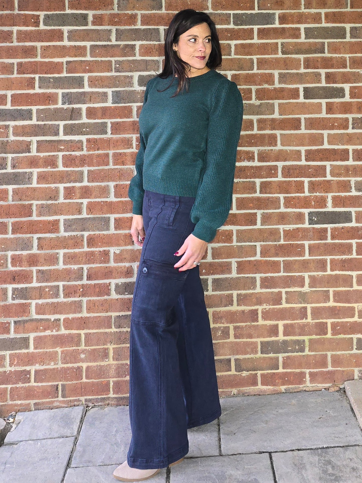 Deep Green Ribbed Puff Sleeve Sweater
