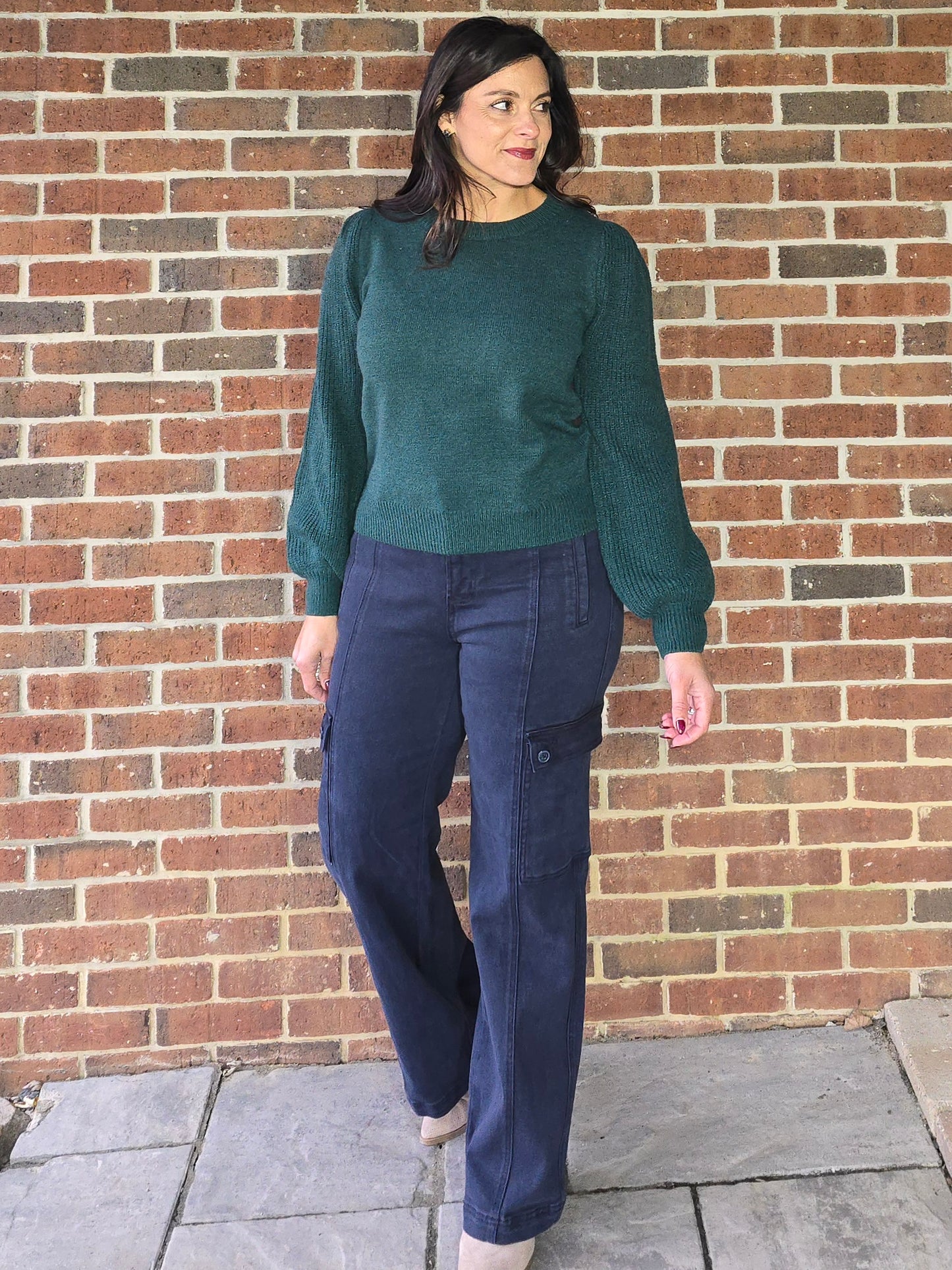 Deep Green Ribbed Puff Sleeve Sweater