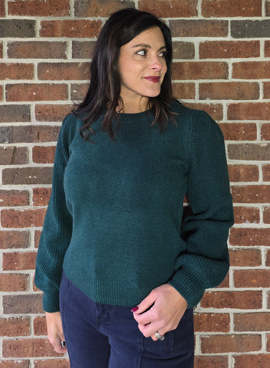 Deep Green Ribbed Puff Sleeve Sweater