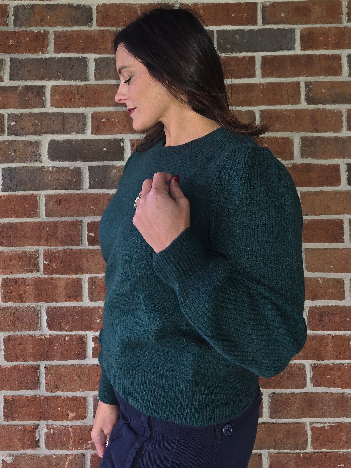 Deep Green Ribbed Puff Sleeve Sweater