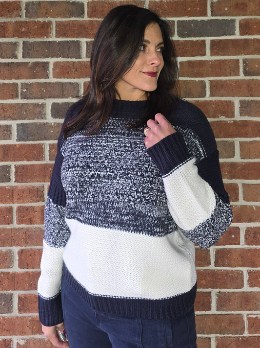 Navy Color Block Striped Knit Sweater