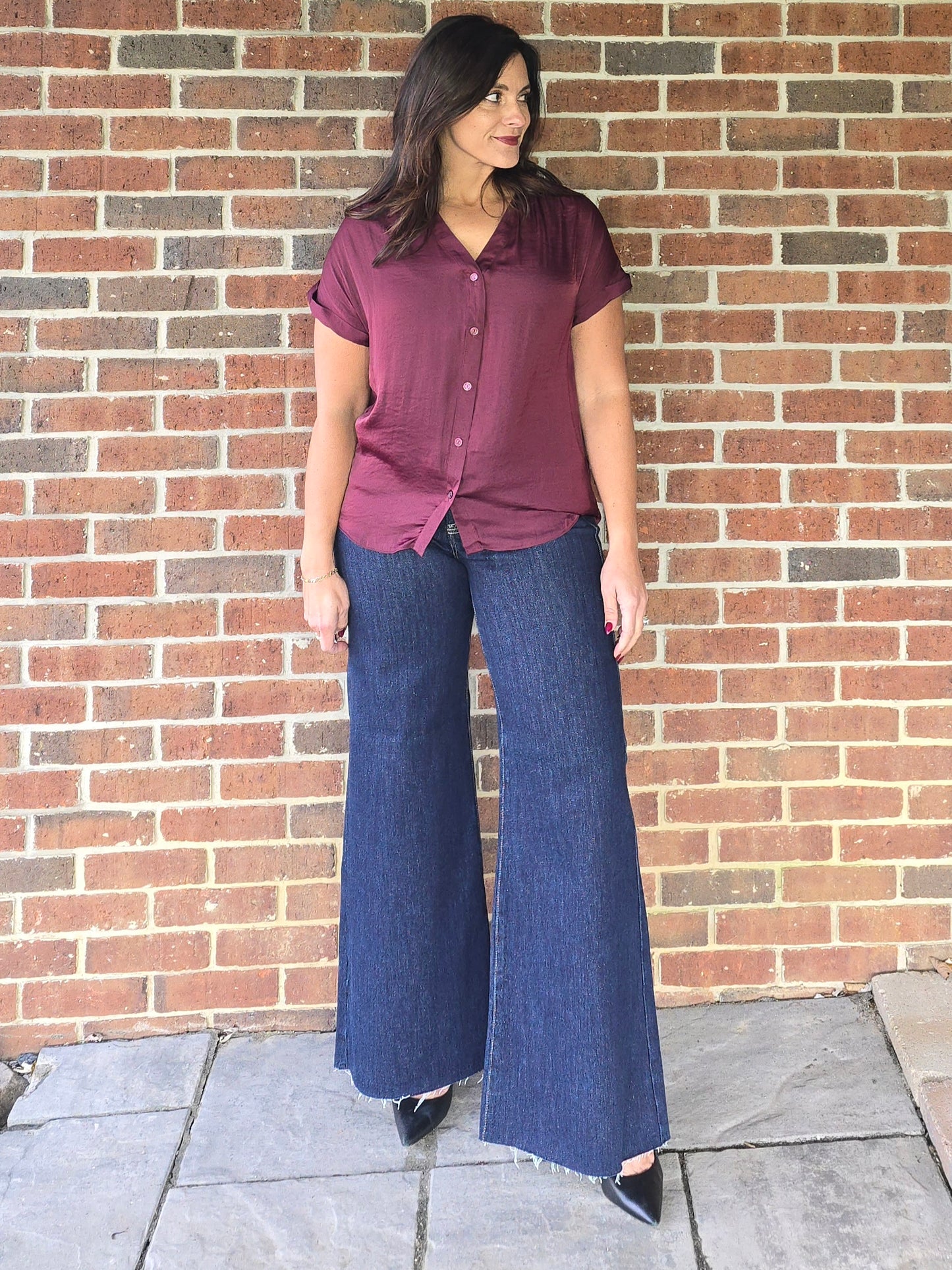 Wine Silky Short Sleeve Button Blouse