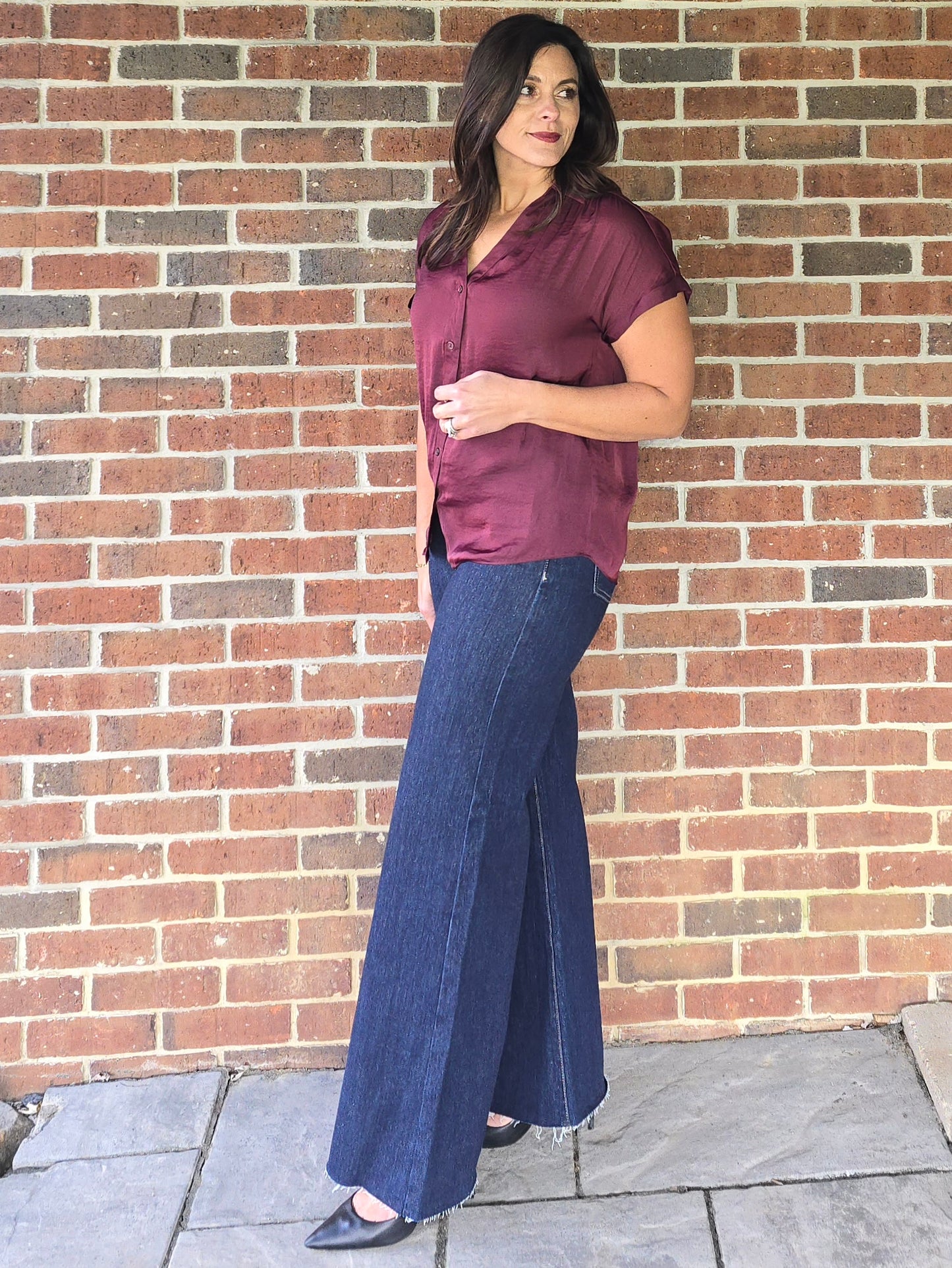 Wine Silky Short Sleeve Button Blouse