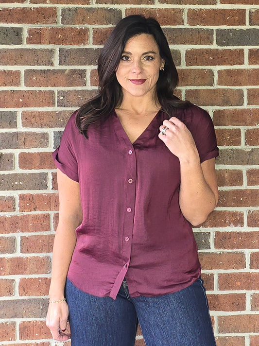 Wine Silky Short Sleeve Button Blouse