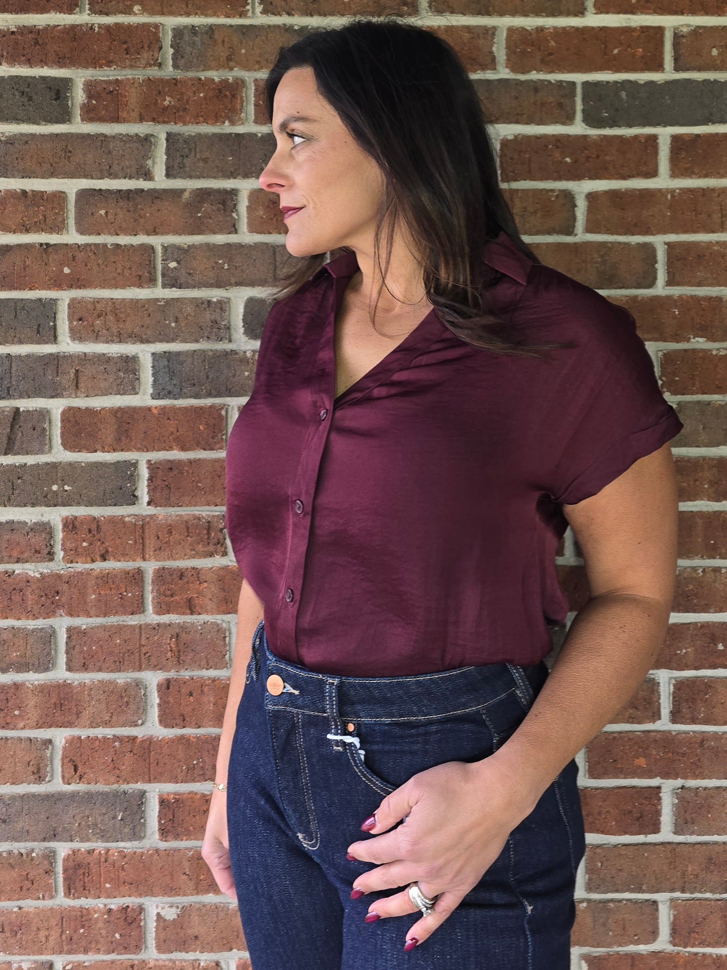 Wine Silky Short Sleeve Button Blouse