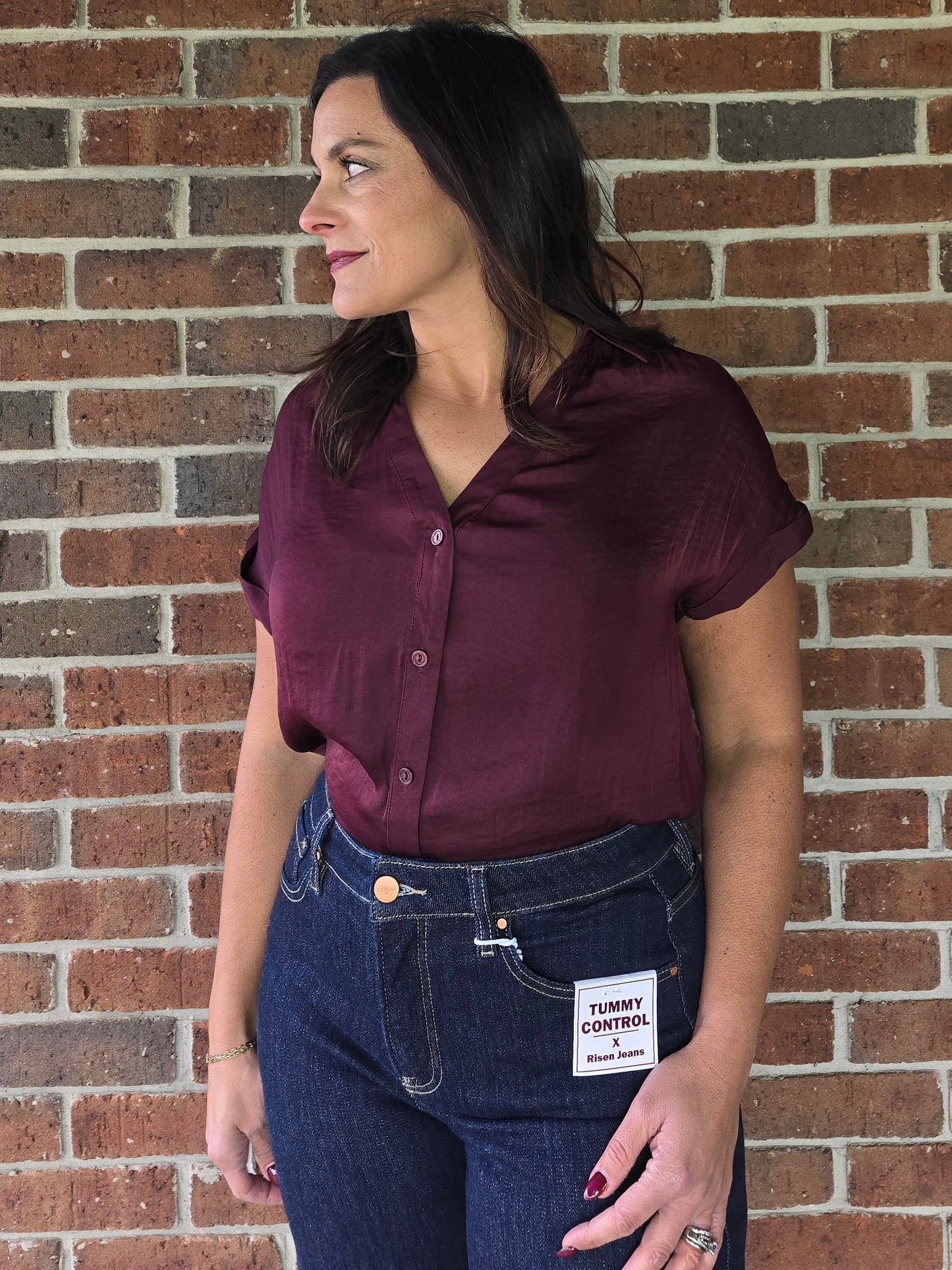 Wine Silky Short Sleeve Button Blouse